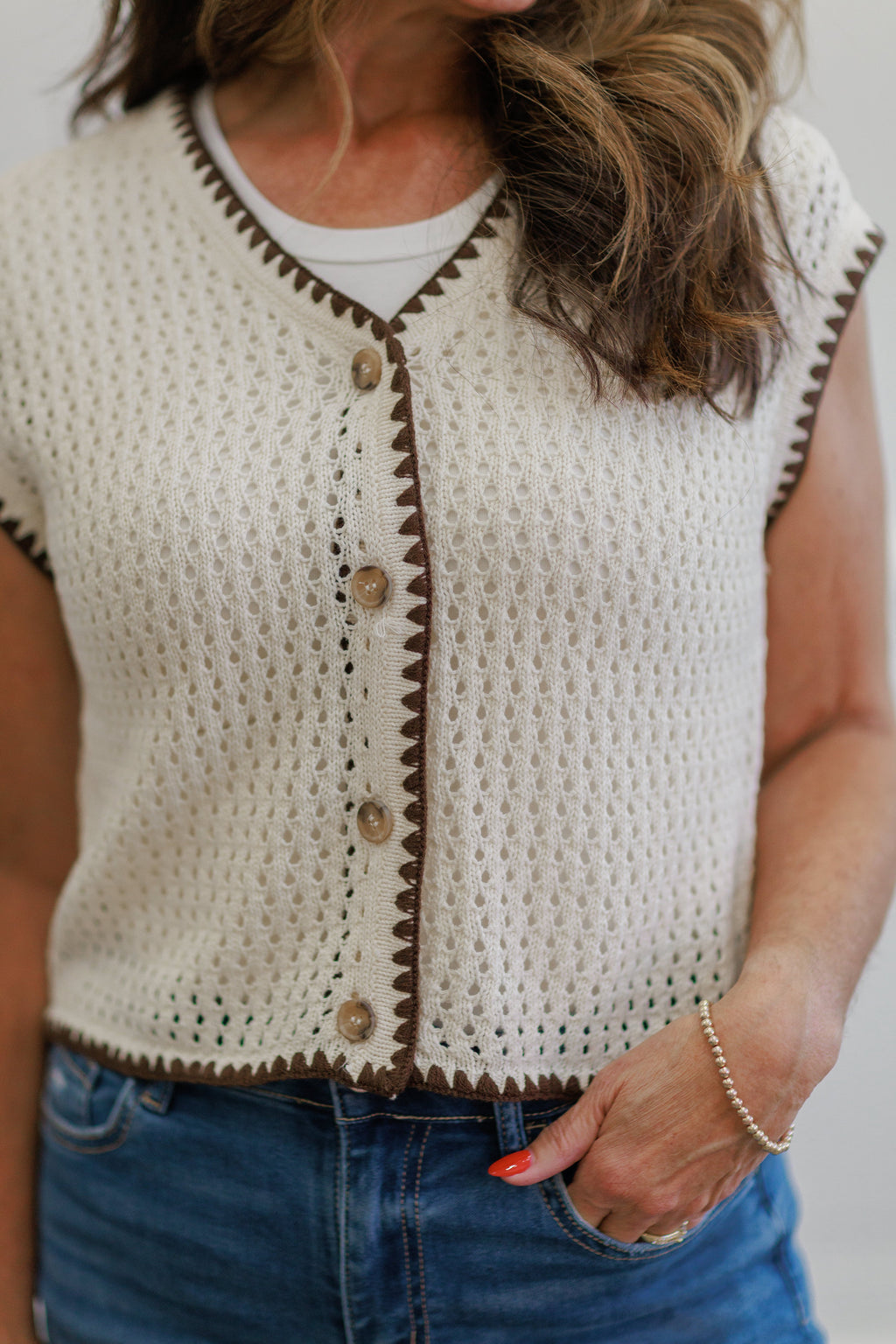 Cream Contrast Trim Crochet Button Front Top