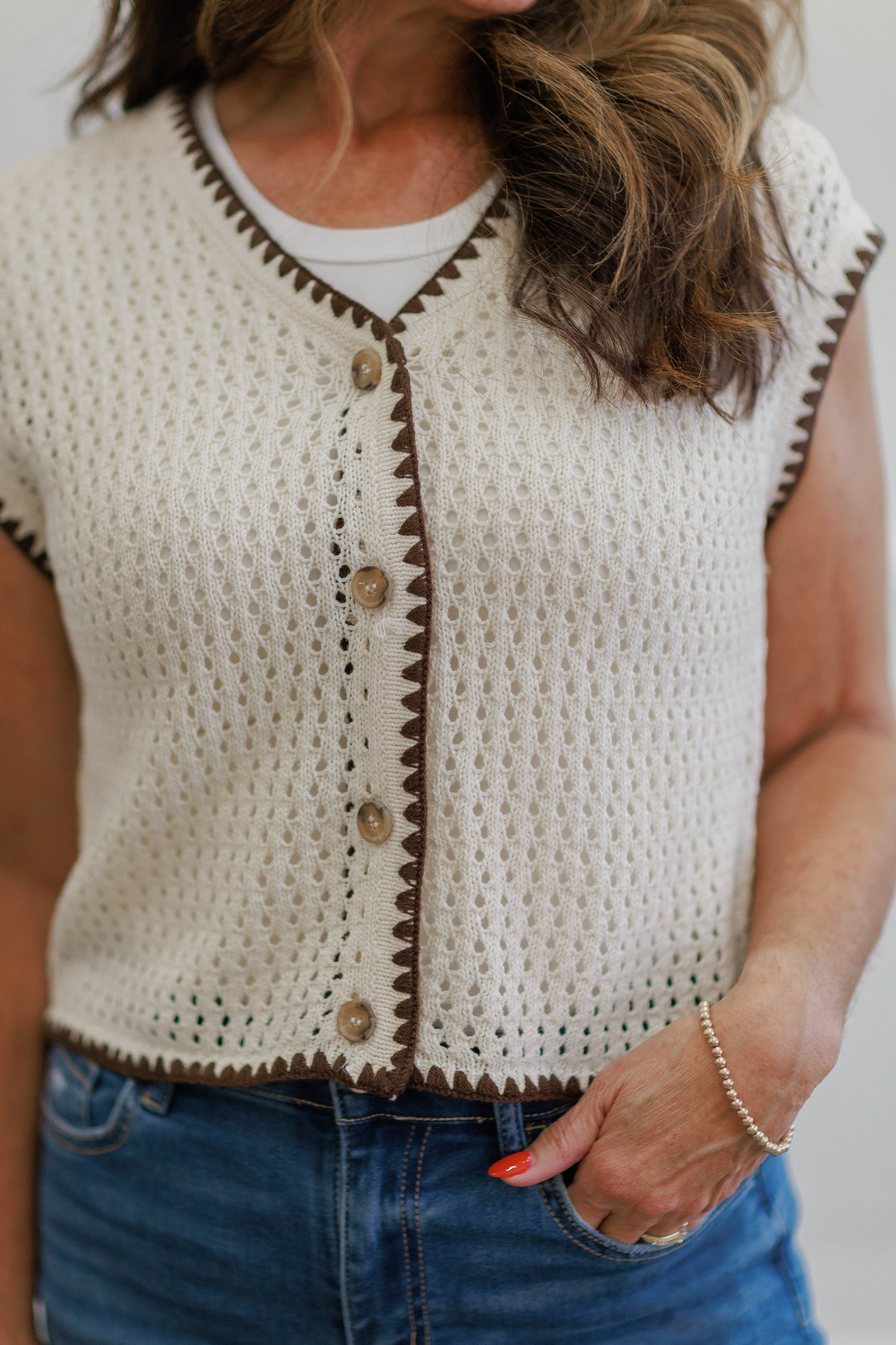 Cream Contrast Trim Crochet Button Front Top