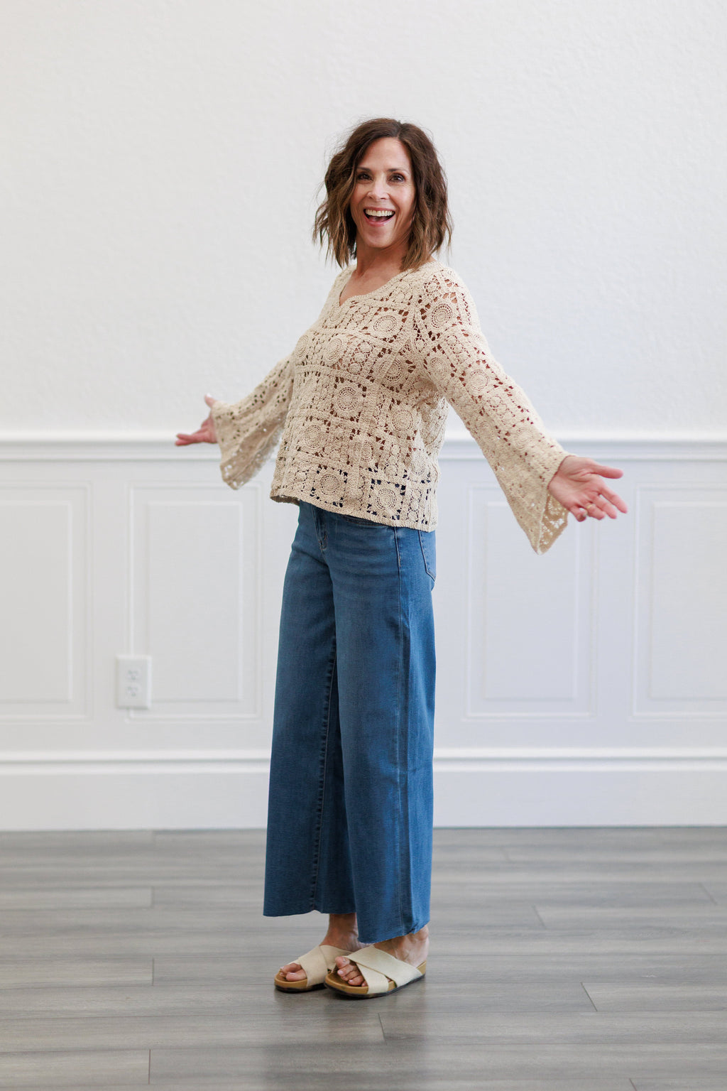 Natural Medallion Crochet Long Sleeve V Neck Top