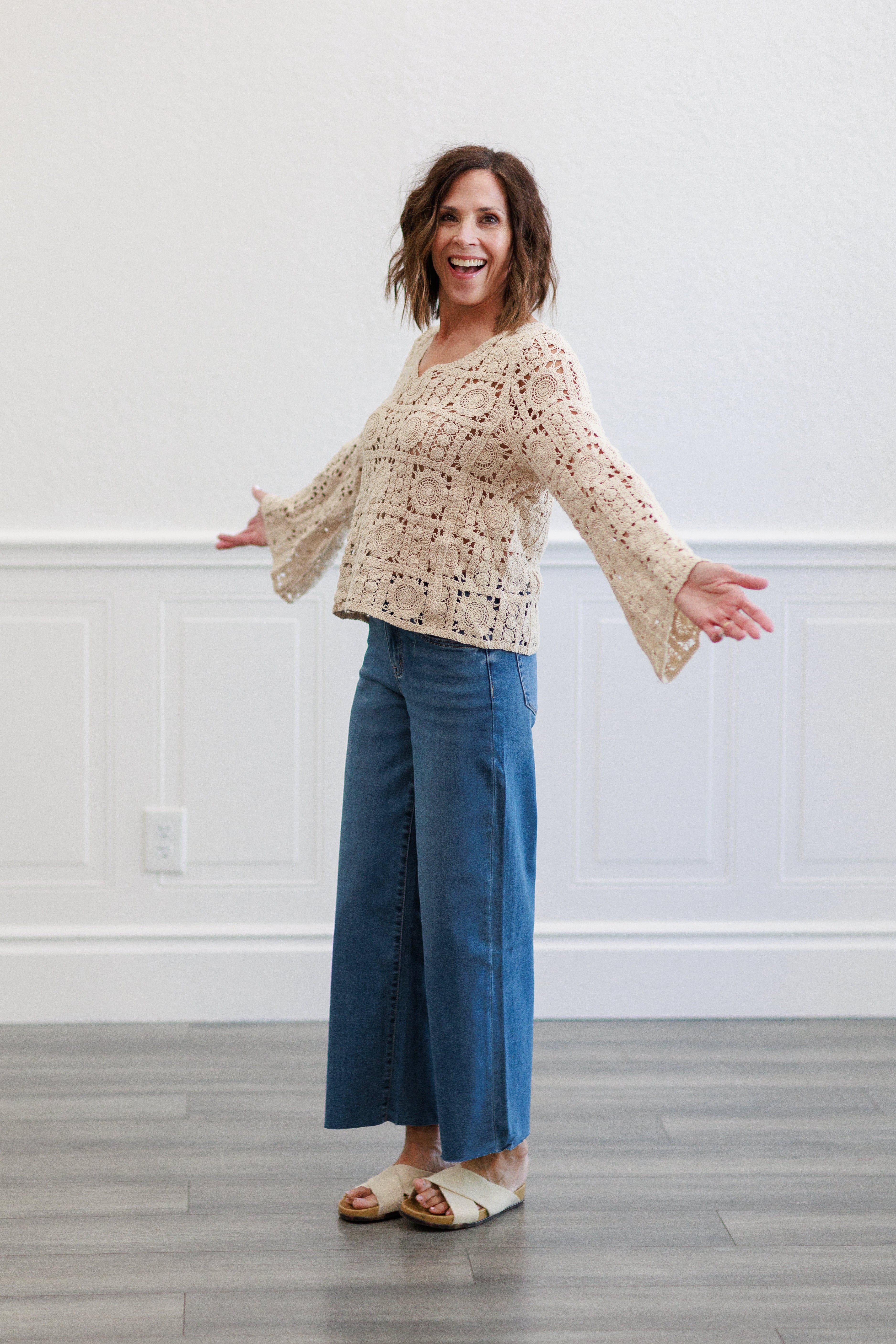 Natural Medallion Crochet Long Sleeve V Neck Top