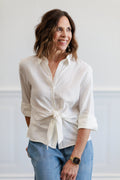 Linen Blend Tie Front Button Down Shirt in Off White