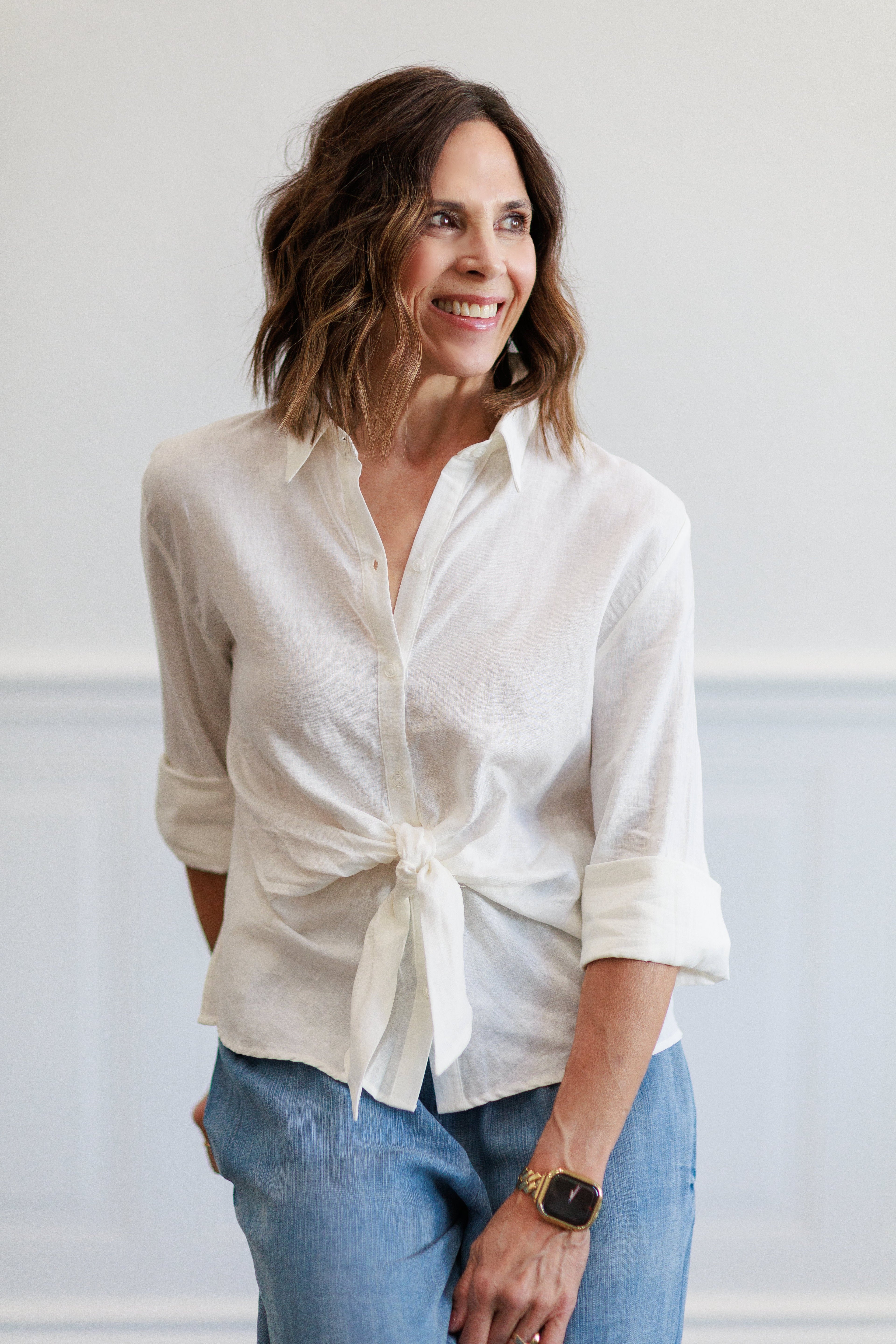 Linen Blend Tie Front Button Down Shirt in Off White