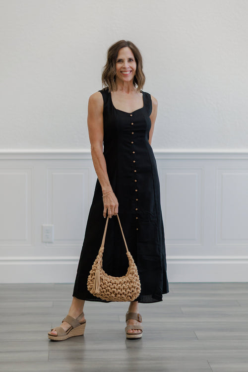Black Square Neck Button Front Midi Dress