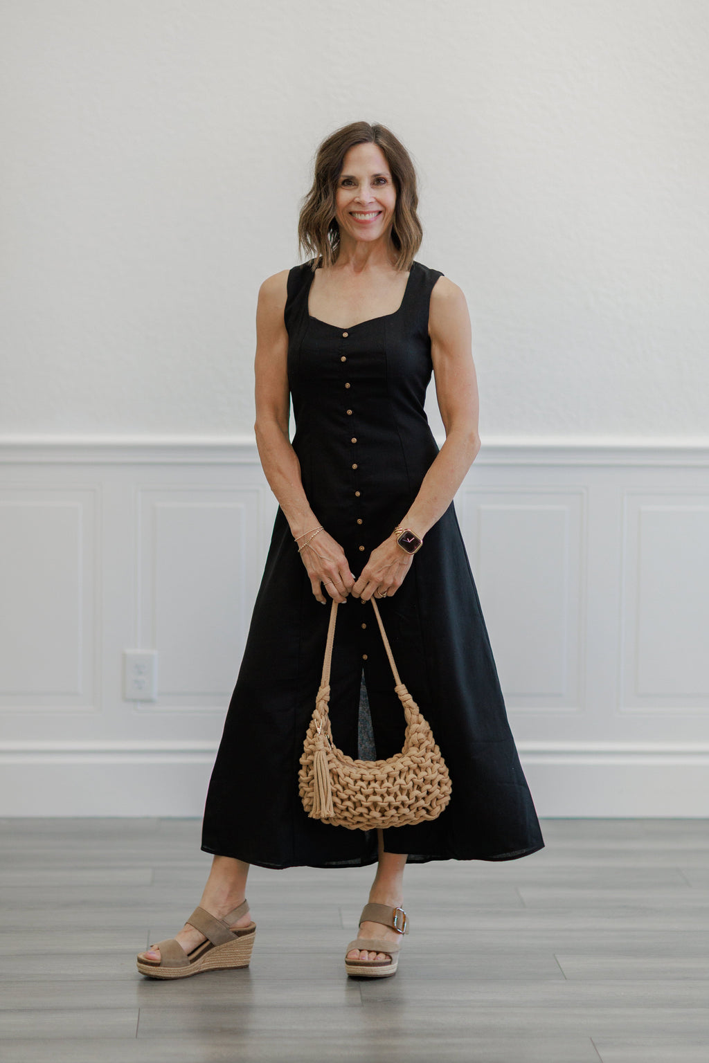 Black Square Neck Button Front Midi Dress
