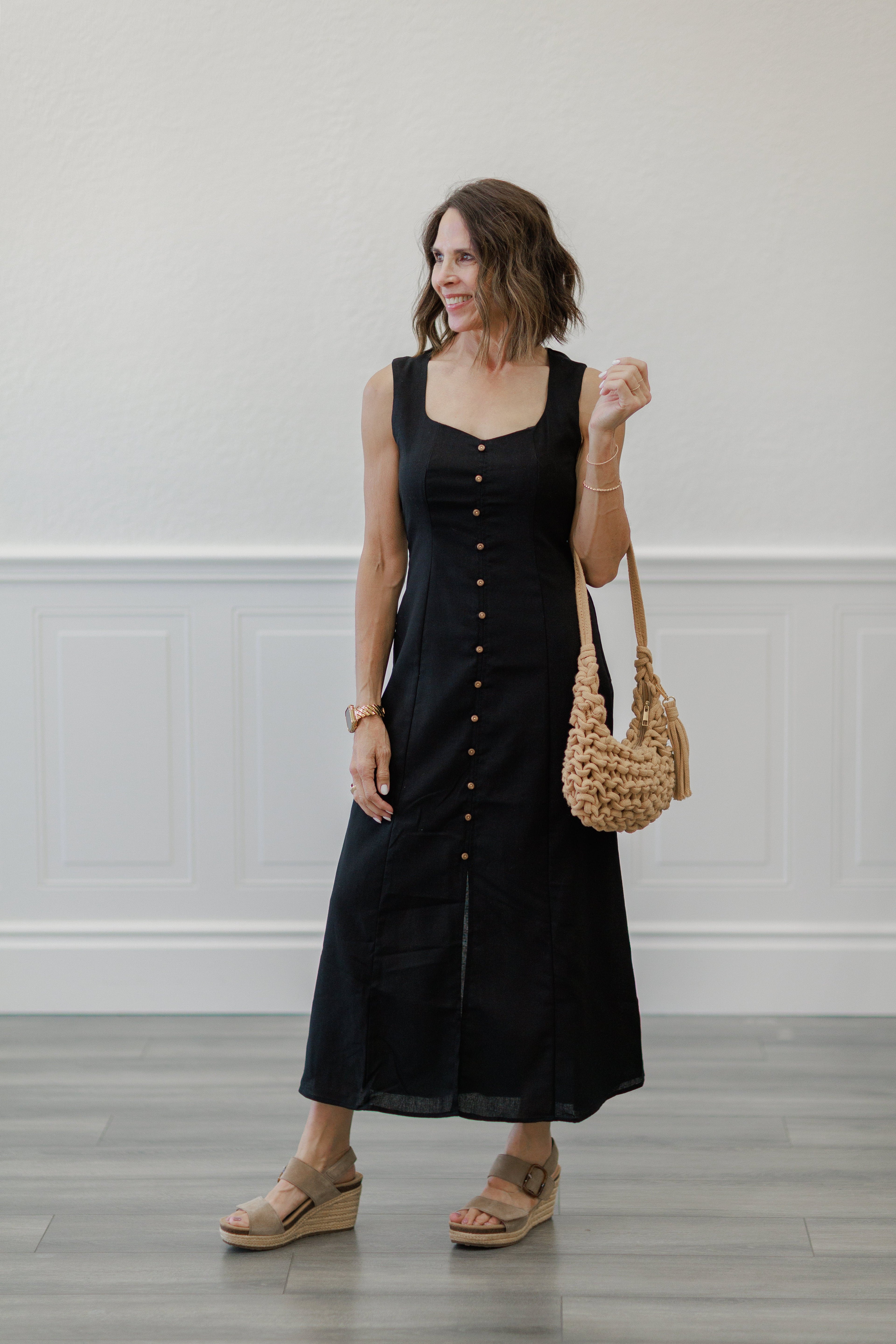 Black Square Neck Button Front Midi Dress