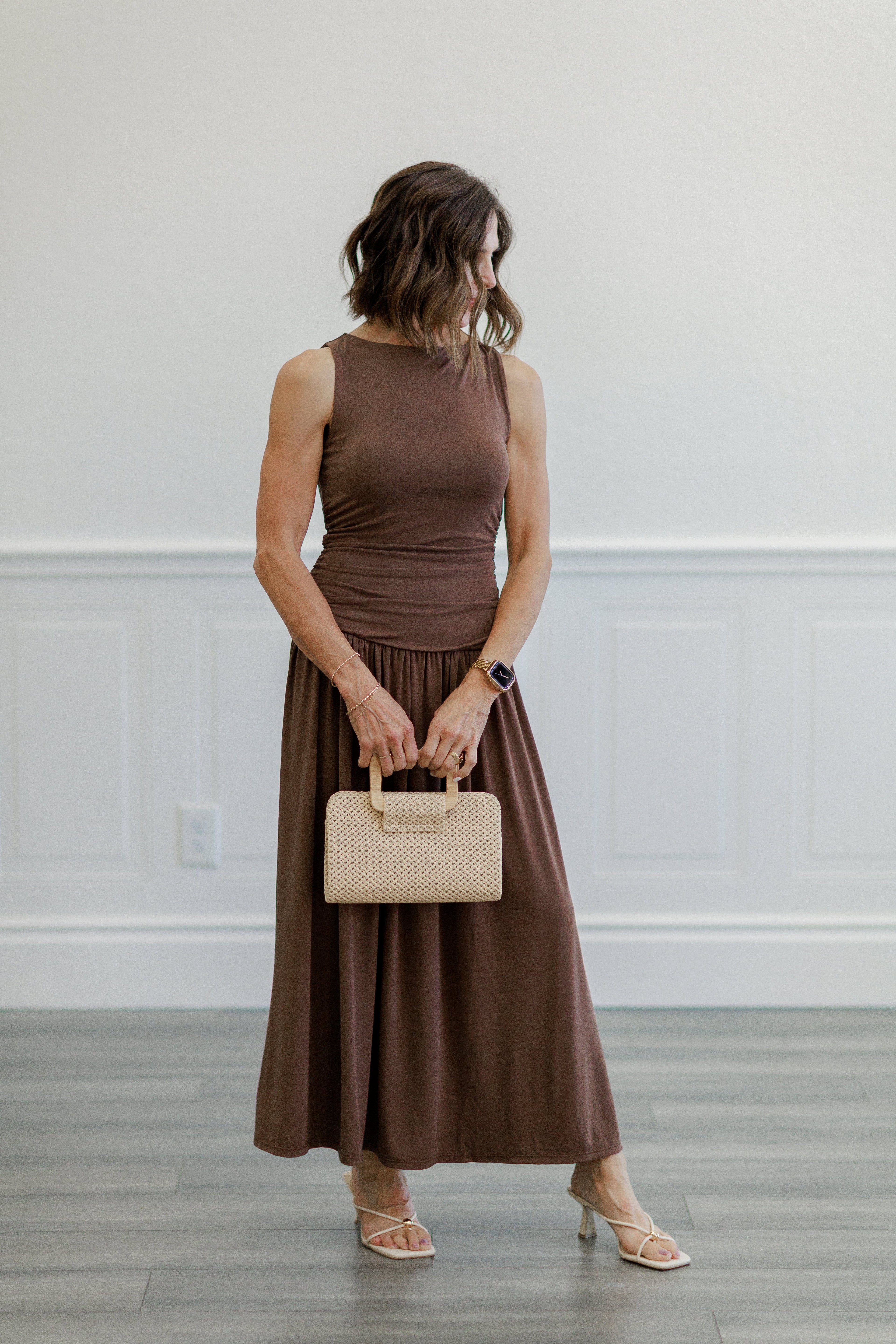 Ruched Side Drop Waist Maxi Dress in Chocolate
