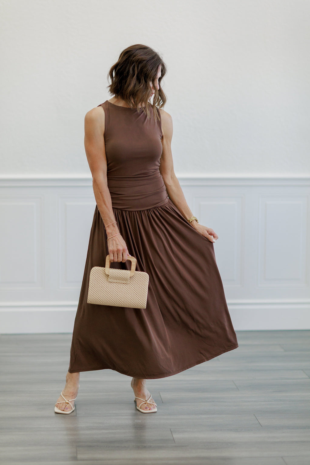 Ruched Side Drop Waist Maxi Dress in Chocolate
