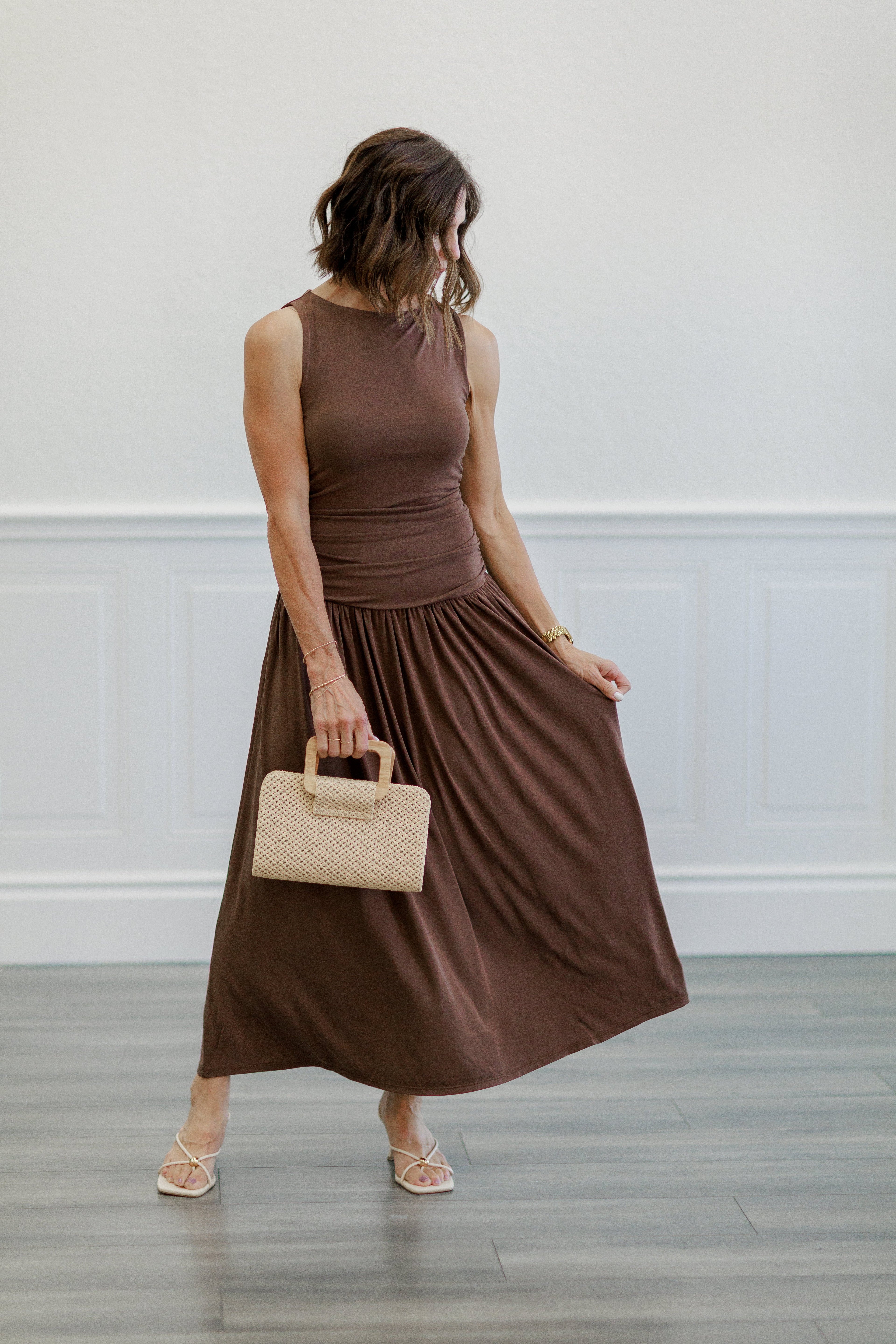 Ruched Side Drop Waist Maxi Dress in Chocolate