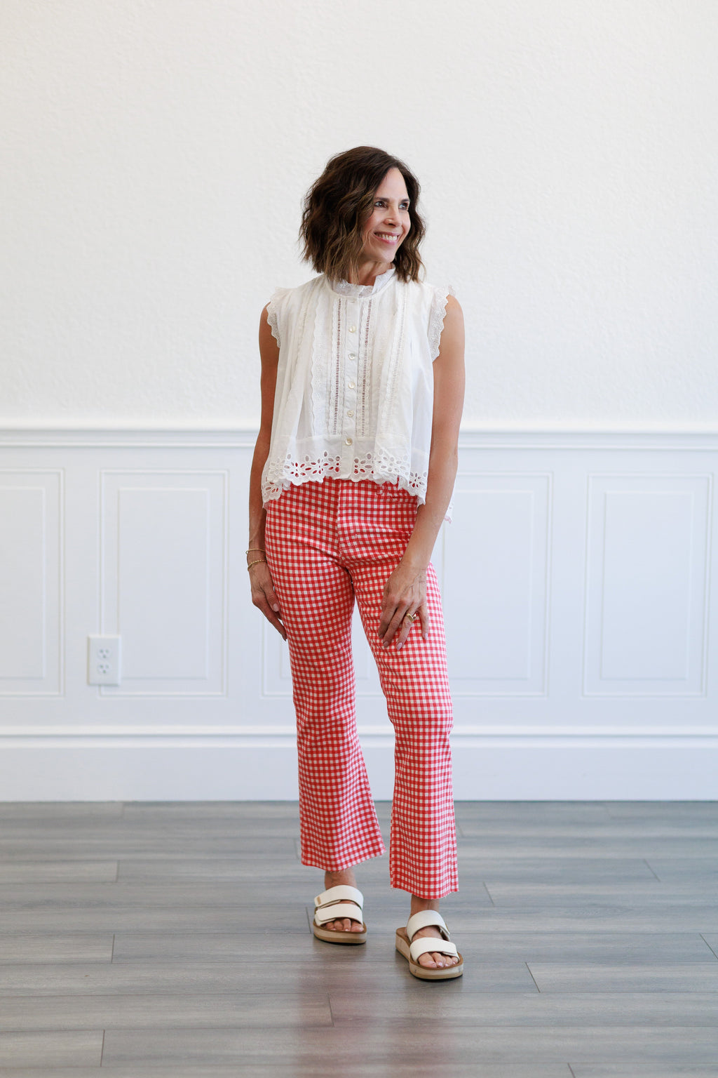 High Rise Tonal Crop Flare Jeans in Red Gingham
