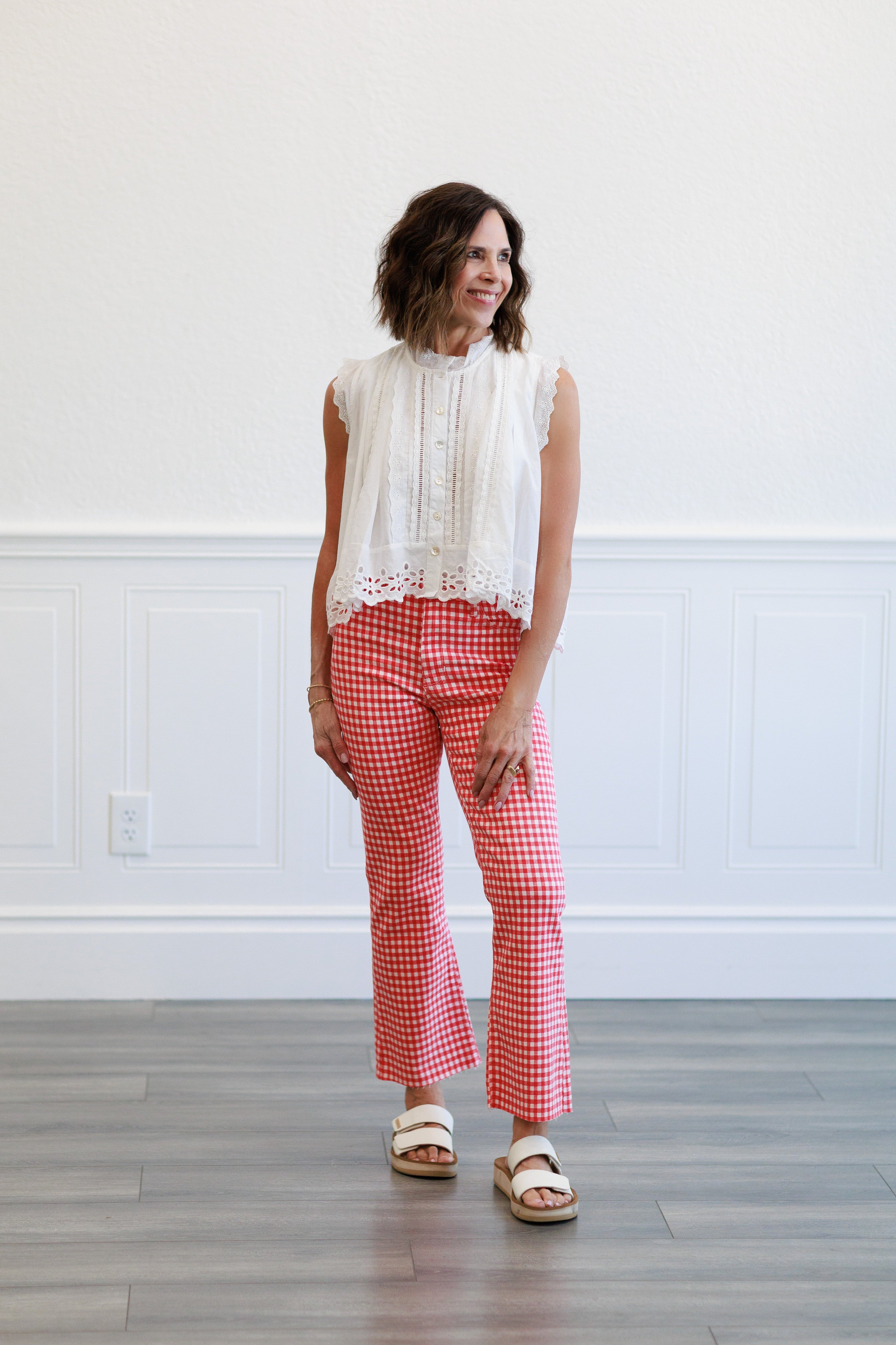 High Rise Tonal Crop Flare Jeans in Red Gingham