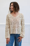 Natural Medallion Crochet Long Sleeve V Neck Top