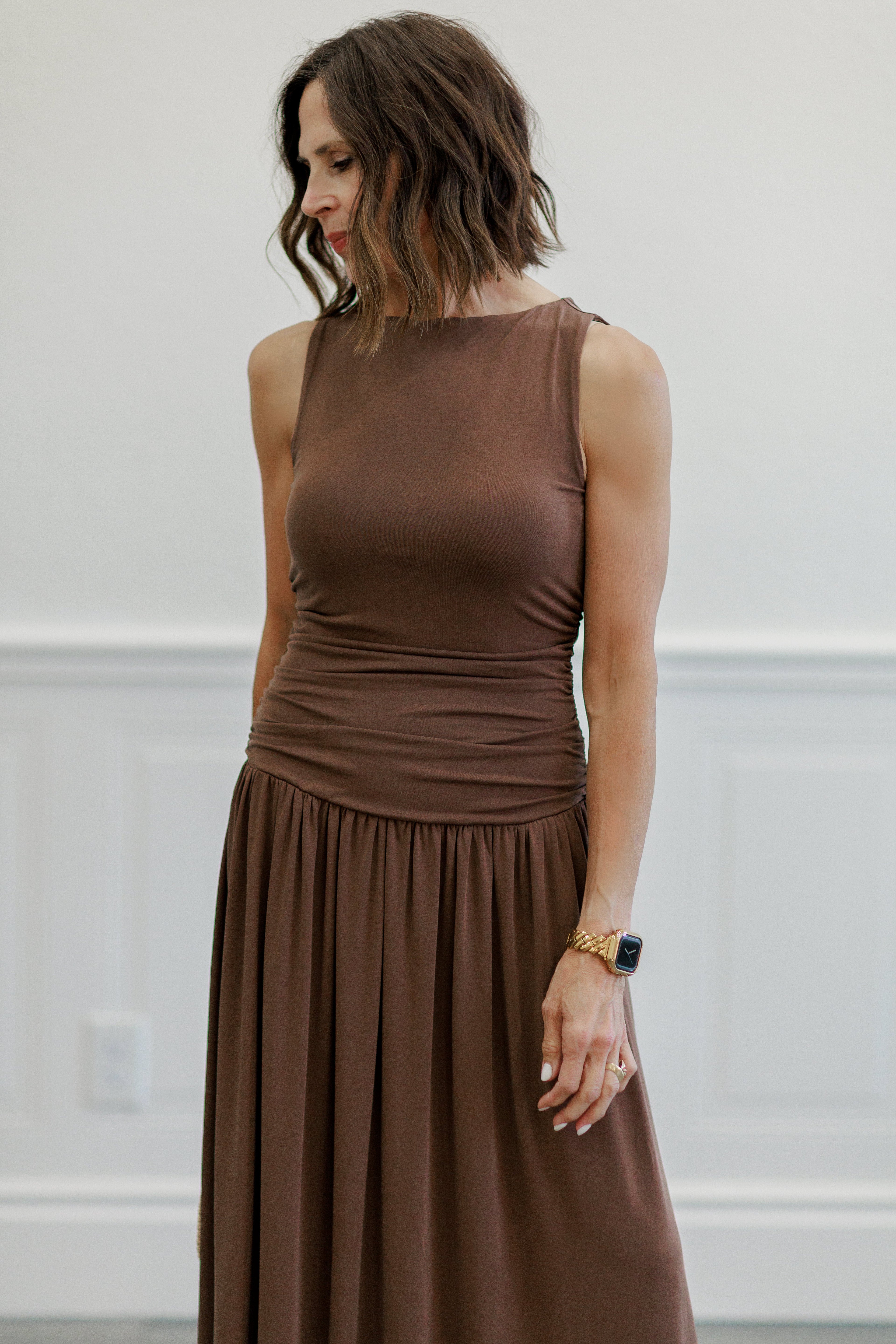 Ruched Side Drop Waist Maxi Dress in Chocolate