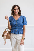 Blue V Neck Puff Sleeve Cinched Waist Top
