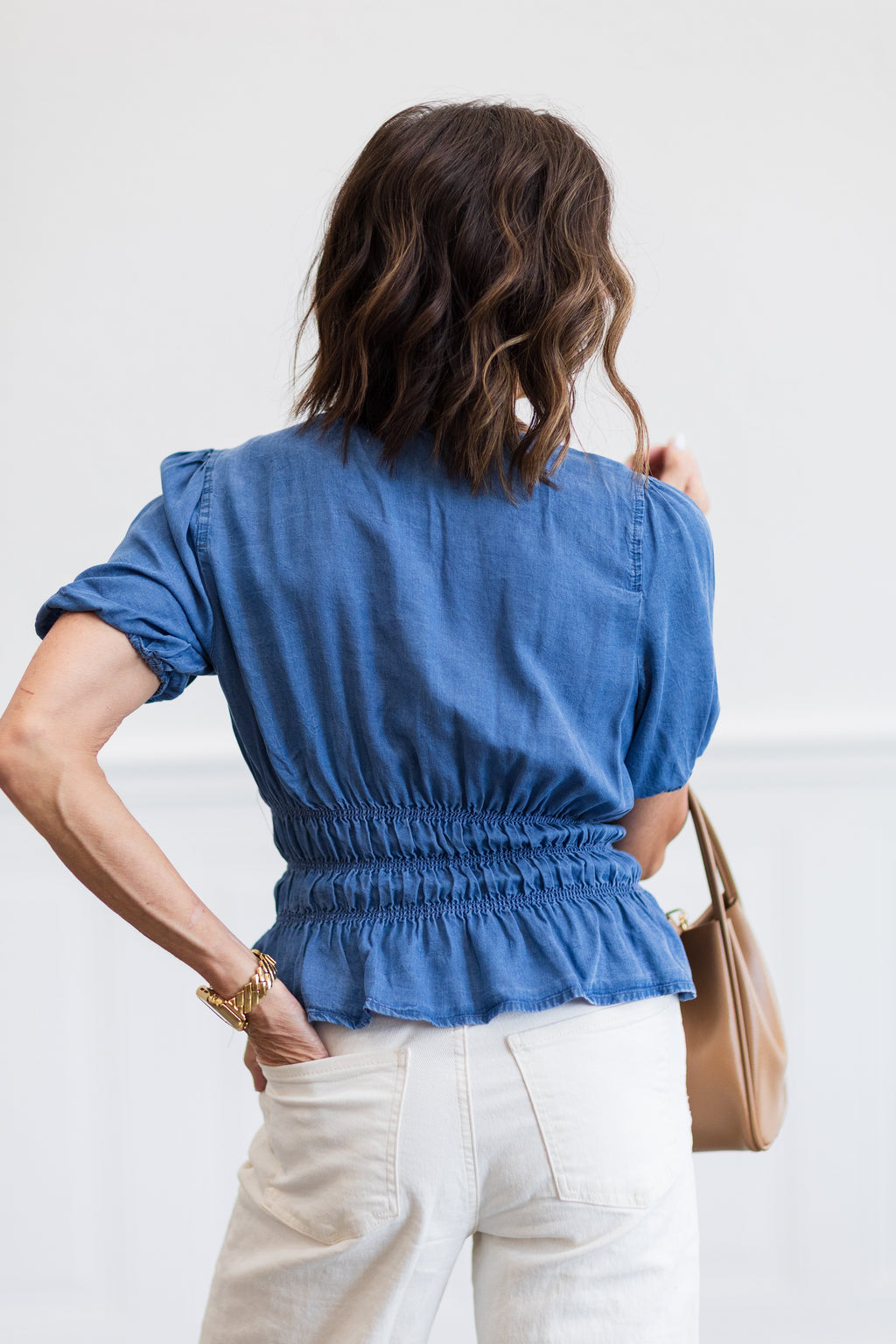 Blue V Neck Puff Sleeve Cinched Waist Top