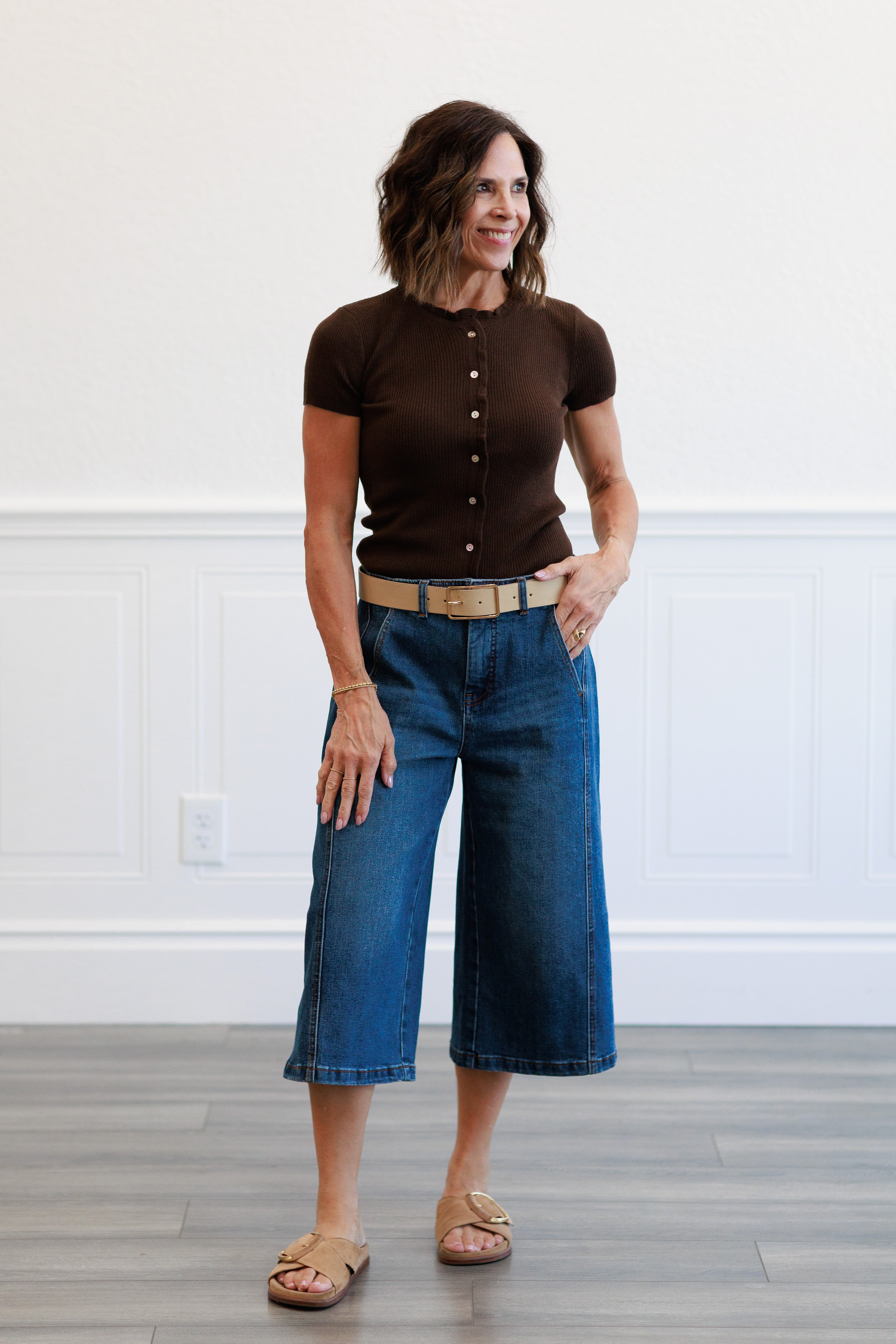 Ribbed Button Front Top in Brown