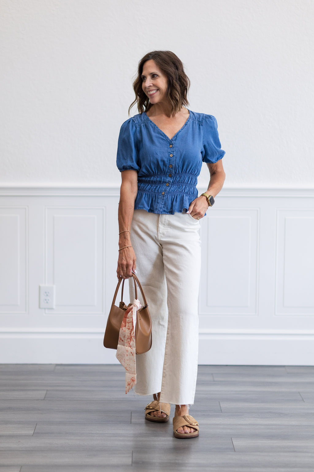 Blue V Neck Puff Sleeve Cinched Waist Top