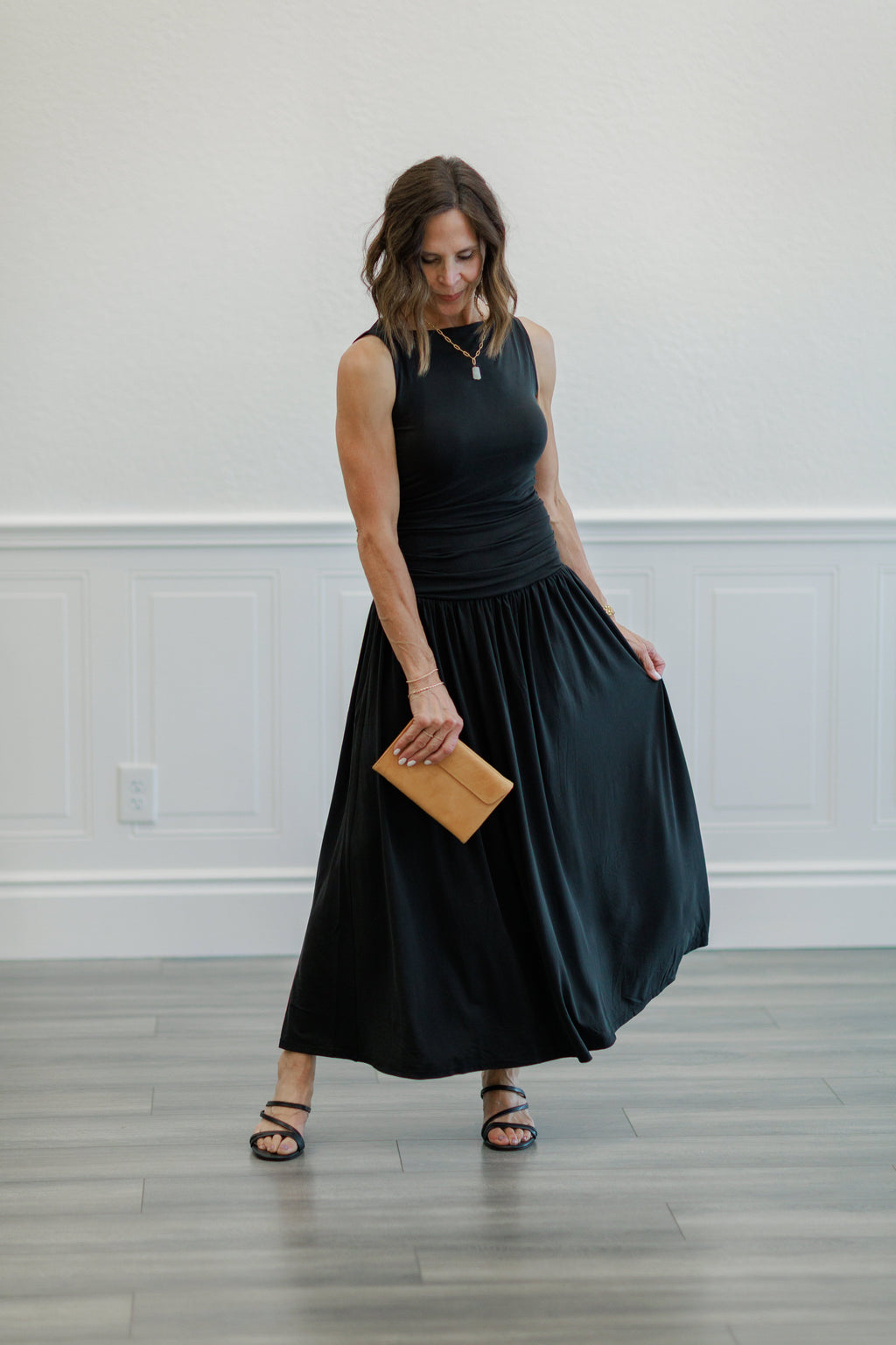 Ruched Side Drop Waist Maxi Dress in Black