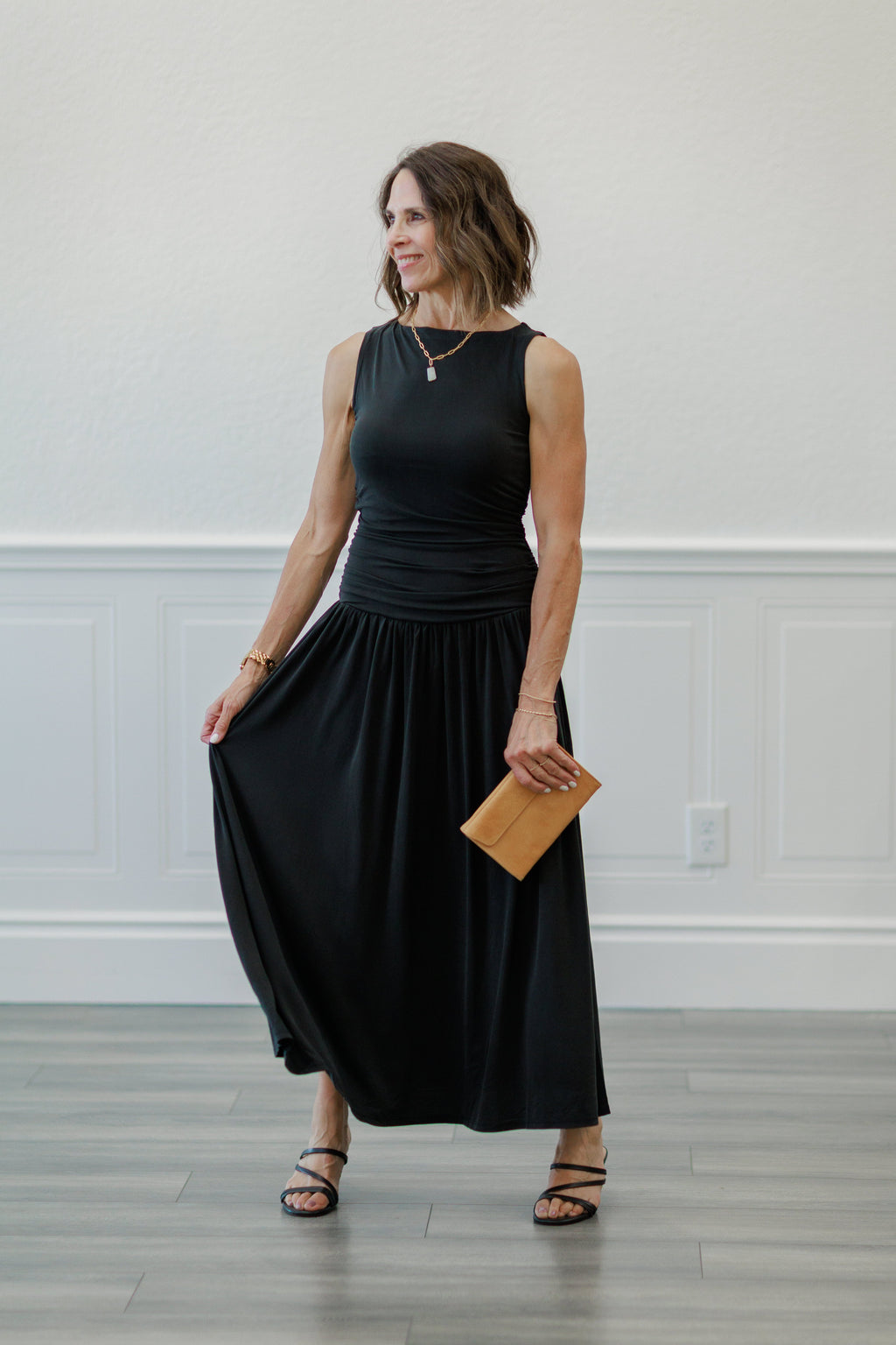 Ruched Side Drop Waist Maxi Dress in Black