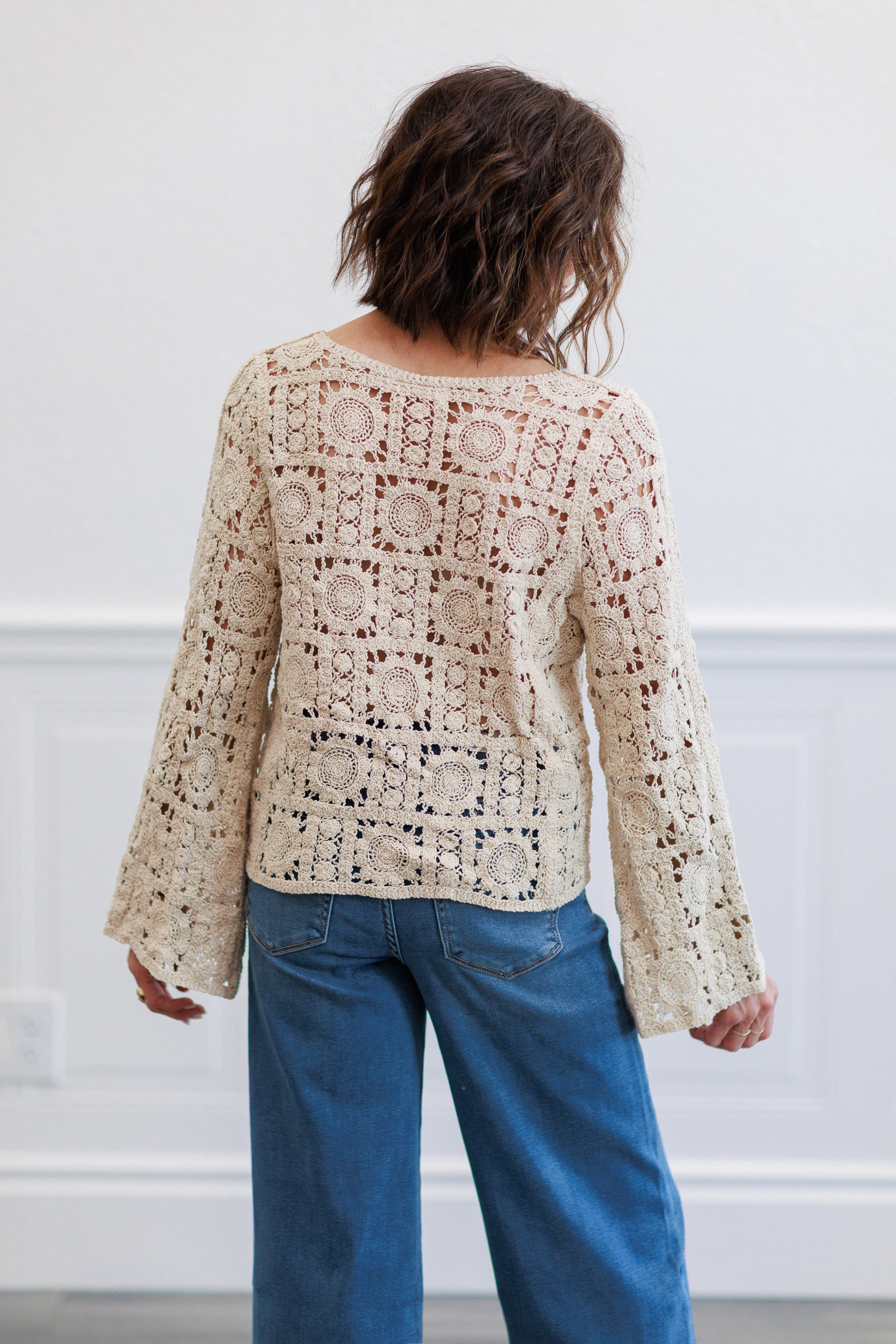 Natural Medallion Crochet Long Sleeve V Neck Top