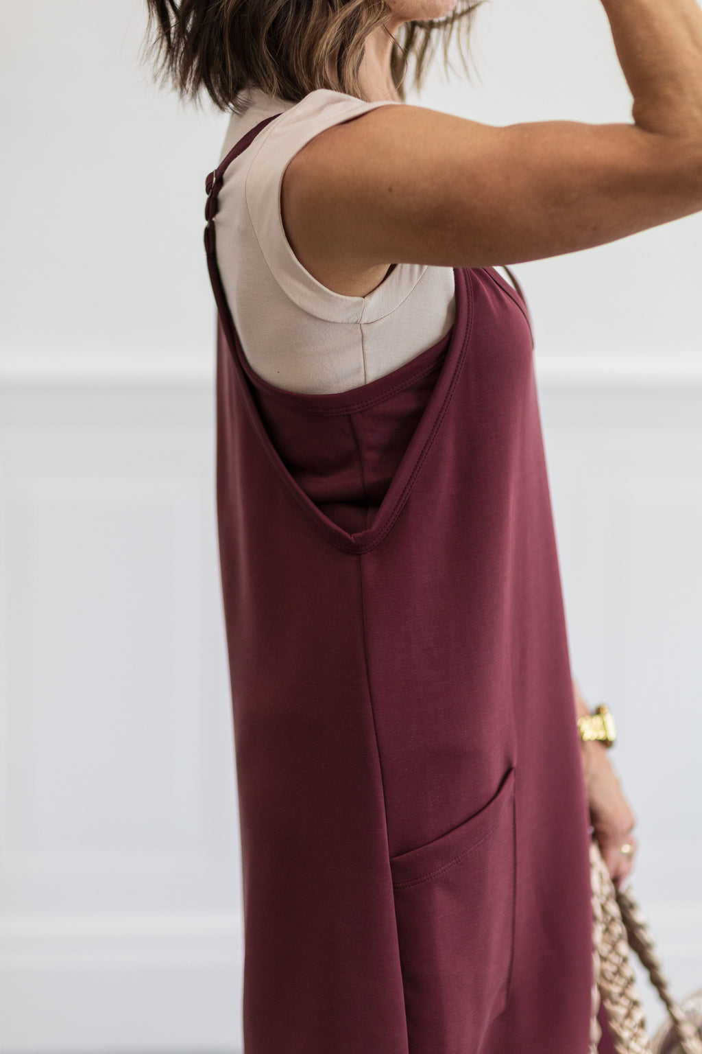 Techno Cupro Romper Dress with pockets in Maroon