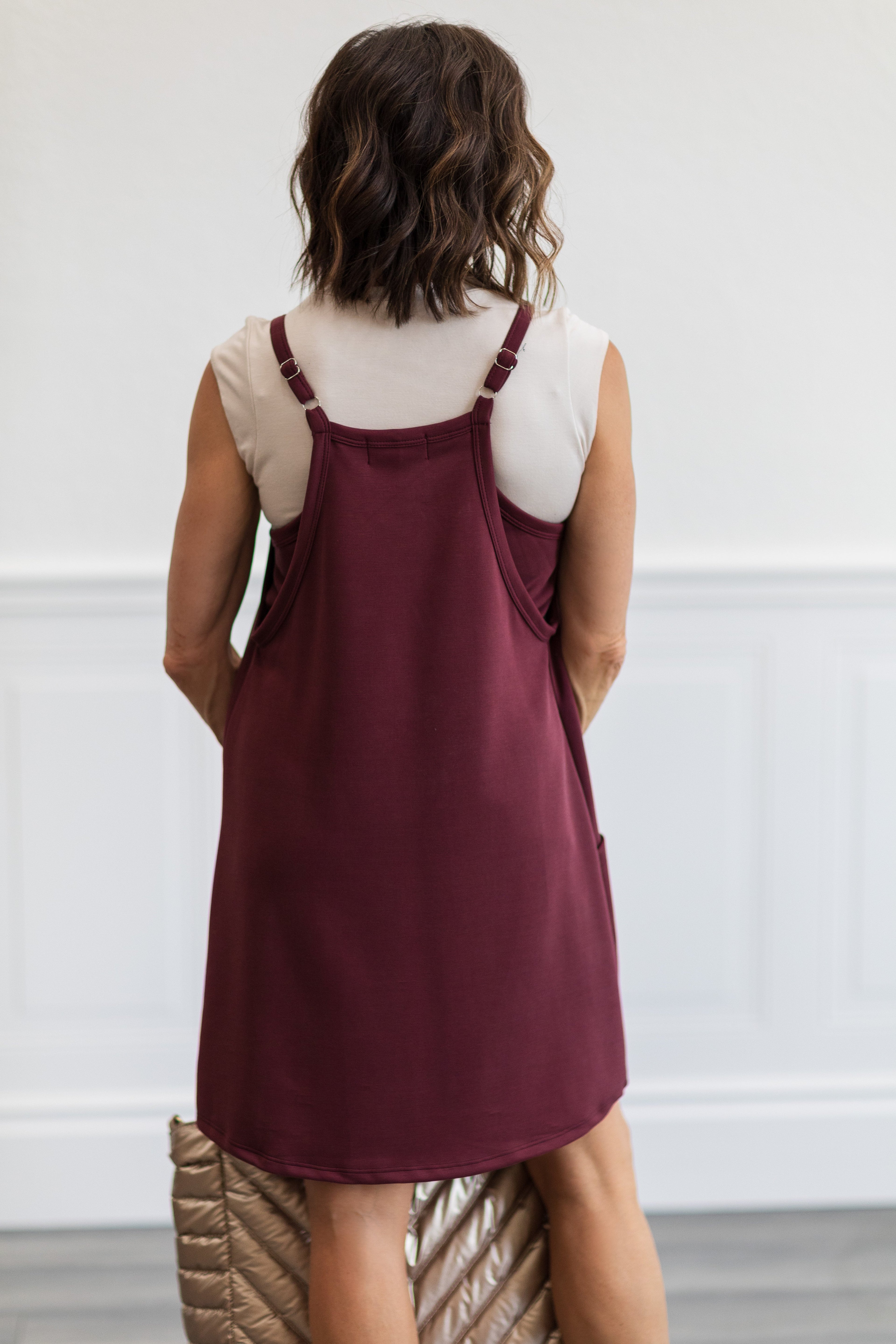 Techno Cupro Romper Dress with pockets in Maroon