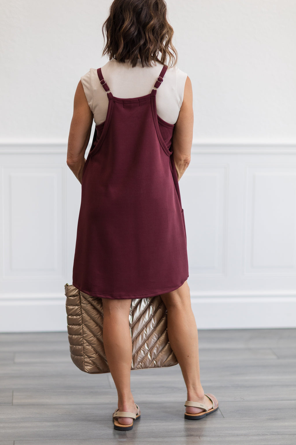 Techno Cupro Romper Dress with pockets in Maroon
