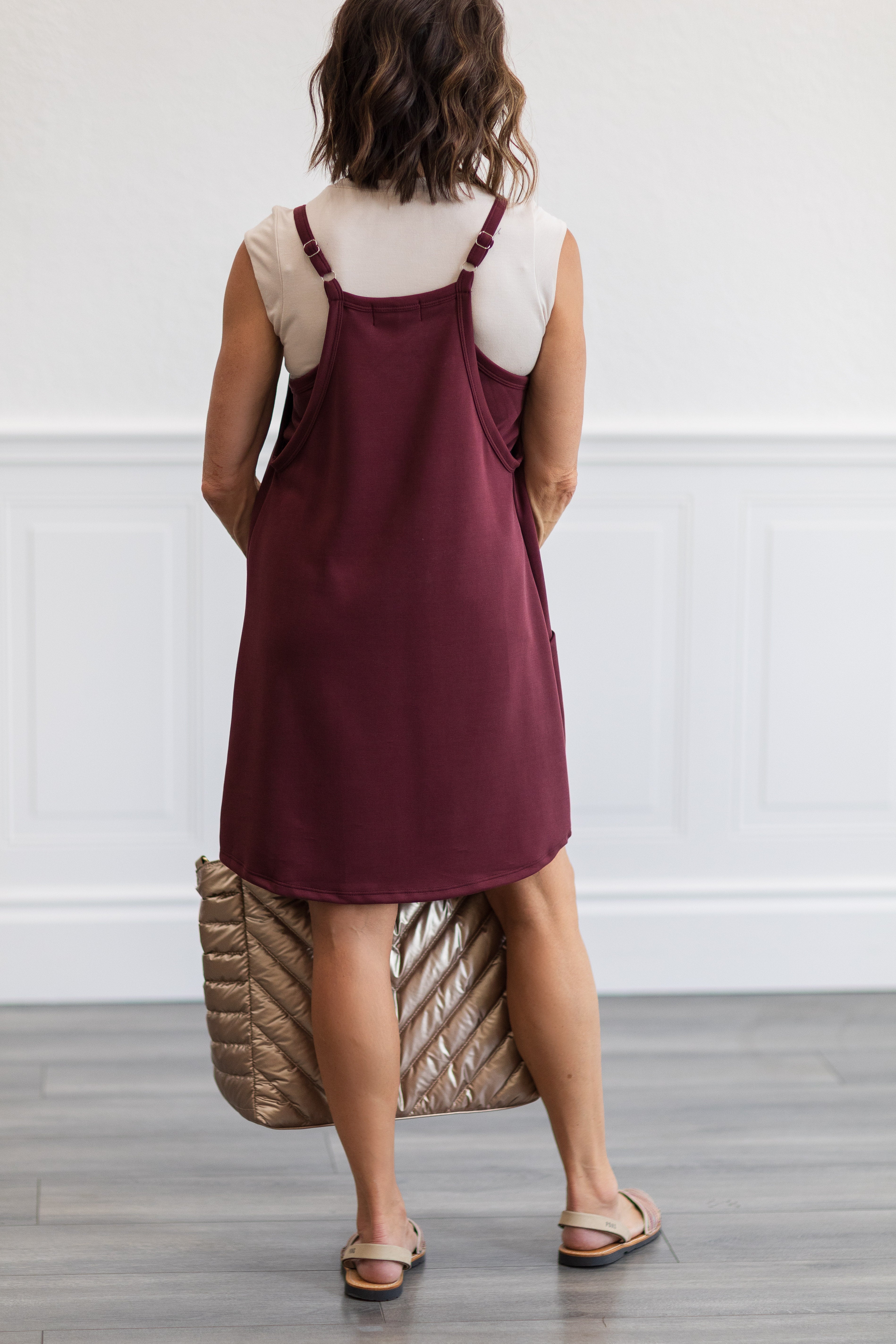 Techno Cupro Romper Dress with pockets in Maroon