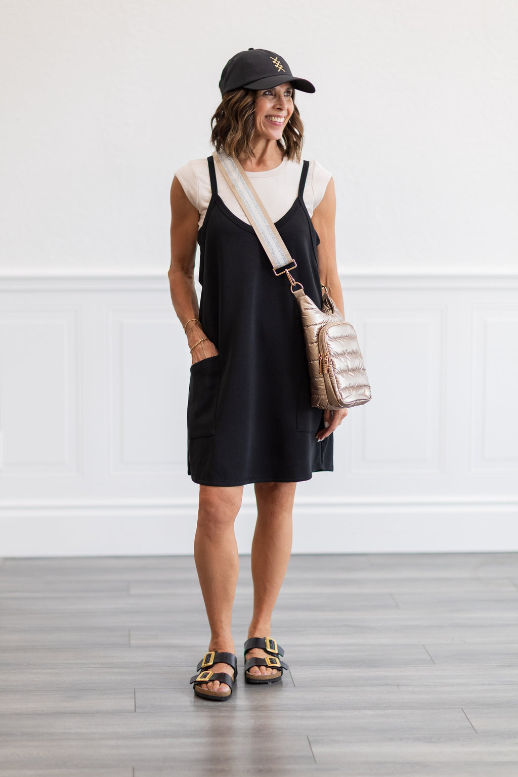 Techno Cupro Romper Dress with pockets in Black