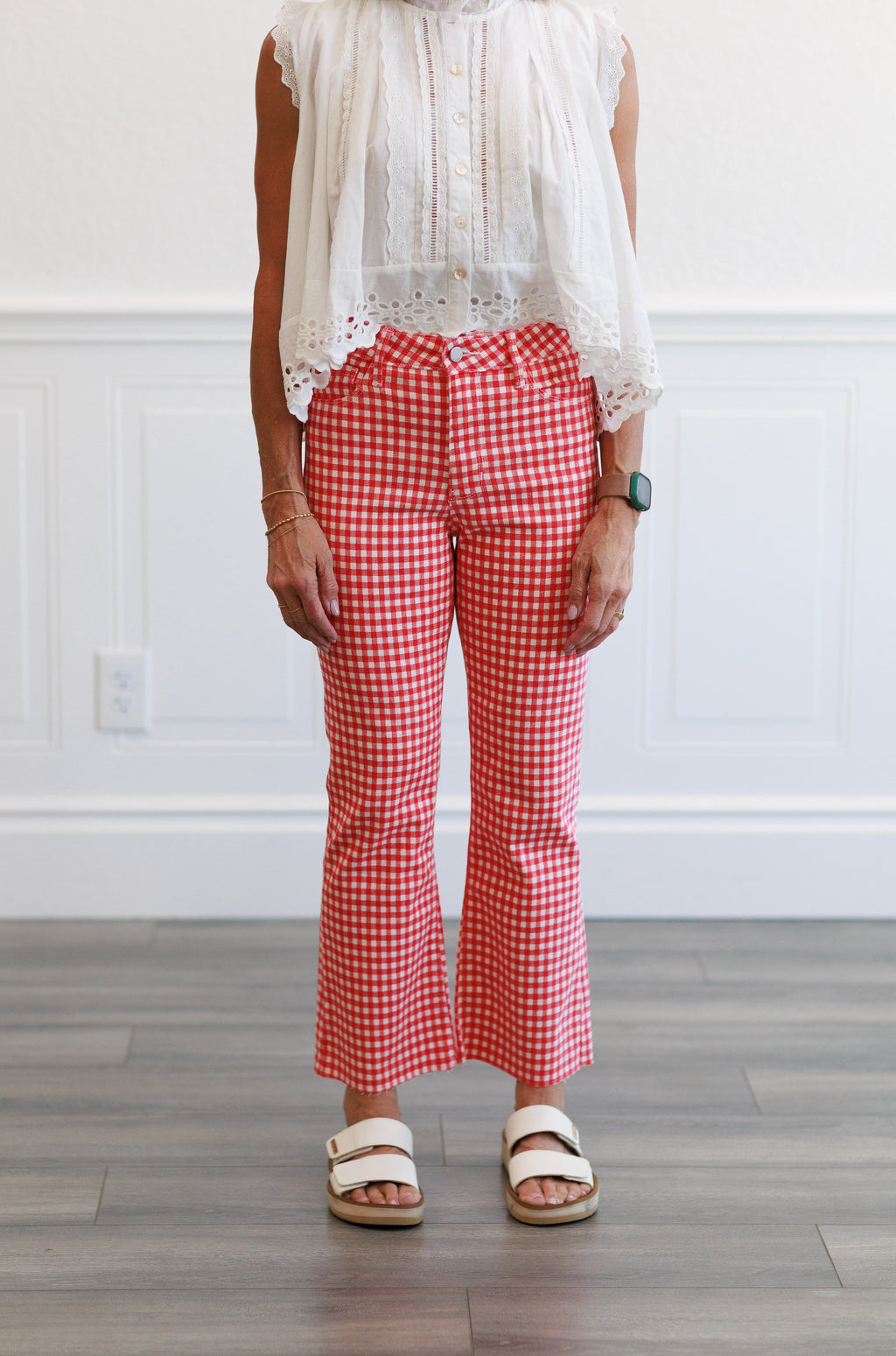 High Rise Tonal Crop Flare Jeans in Red Gingham