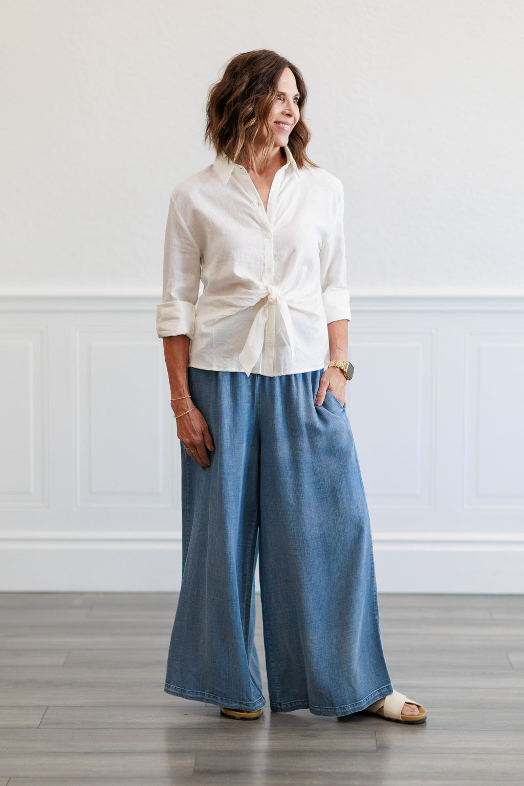 Smocked Waist Wide Leg Chambray Pants in Dark Denim