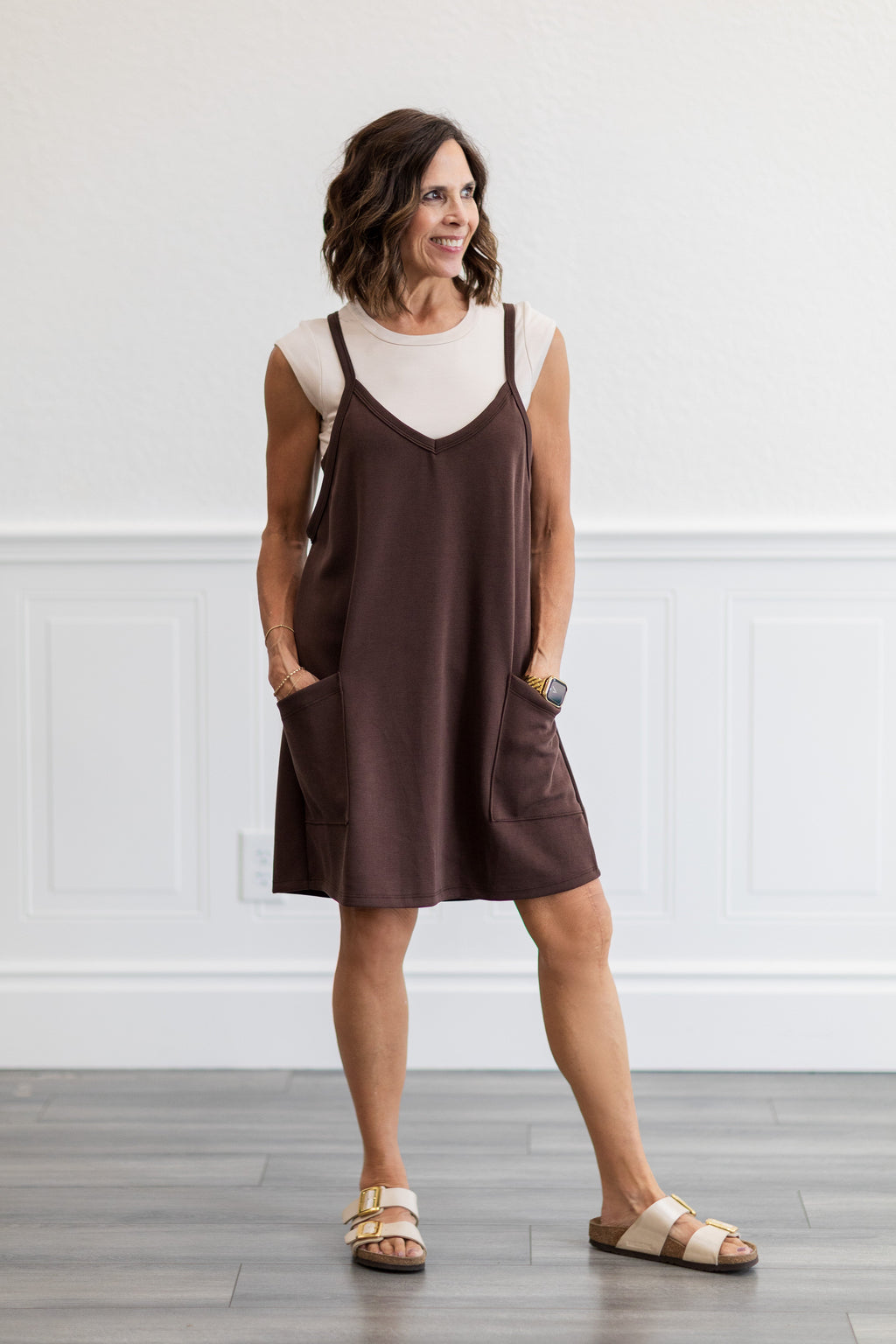 Techno Cupro Romper Dress with pockets in Chocolate