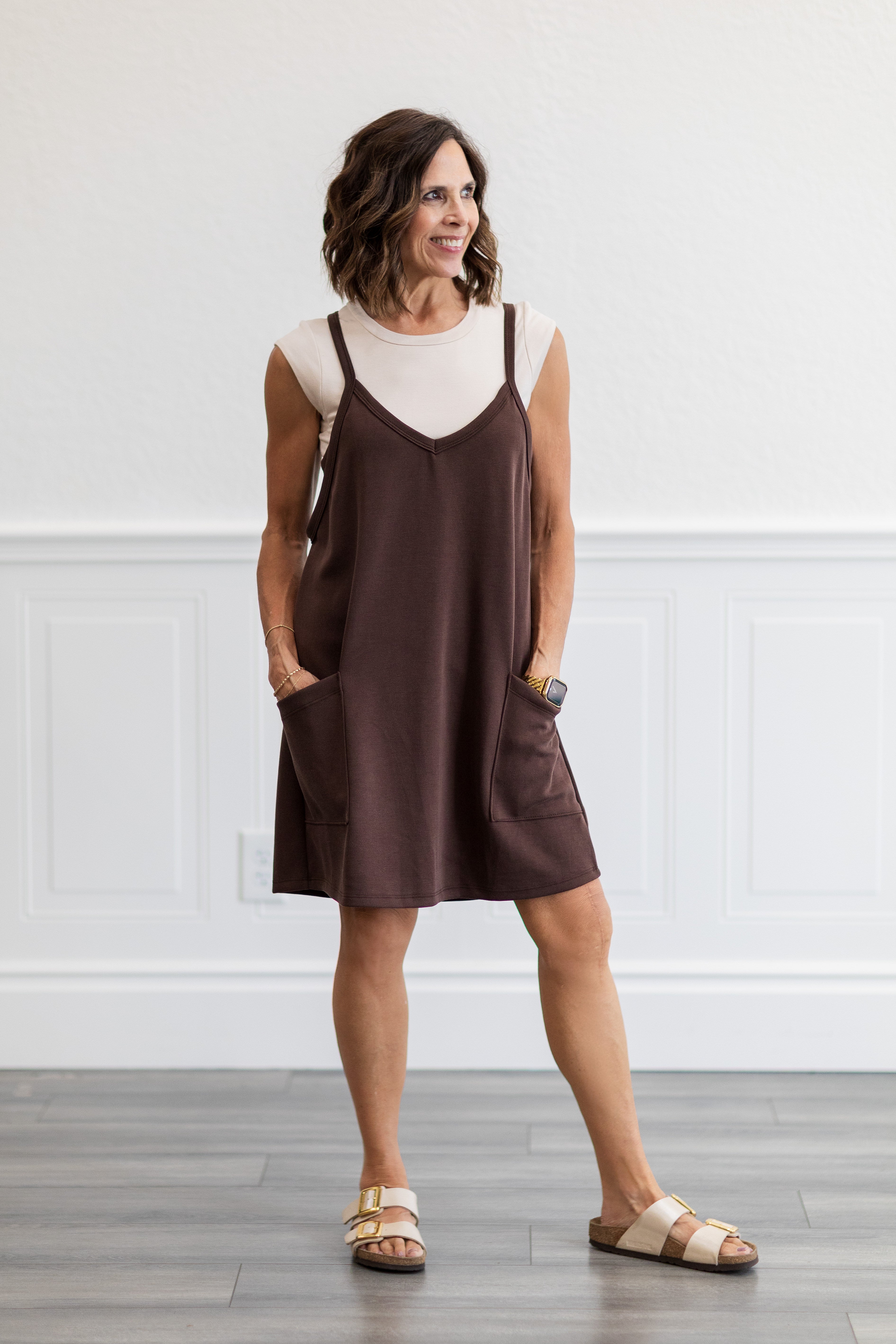 Techno Cupro Romper Dress with pockets in Chocolate