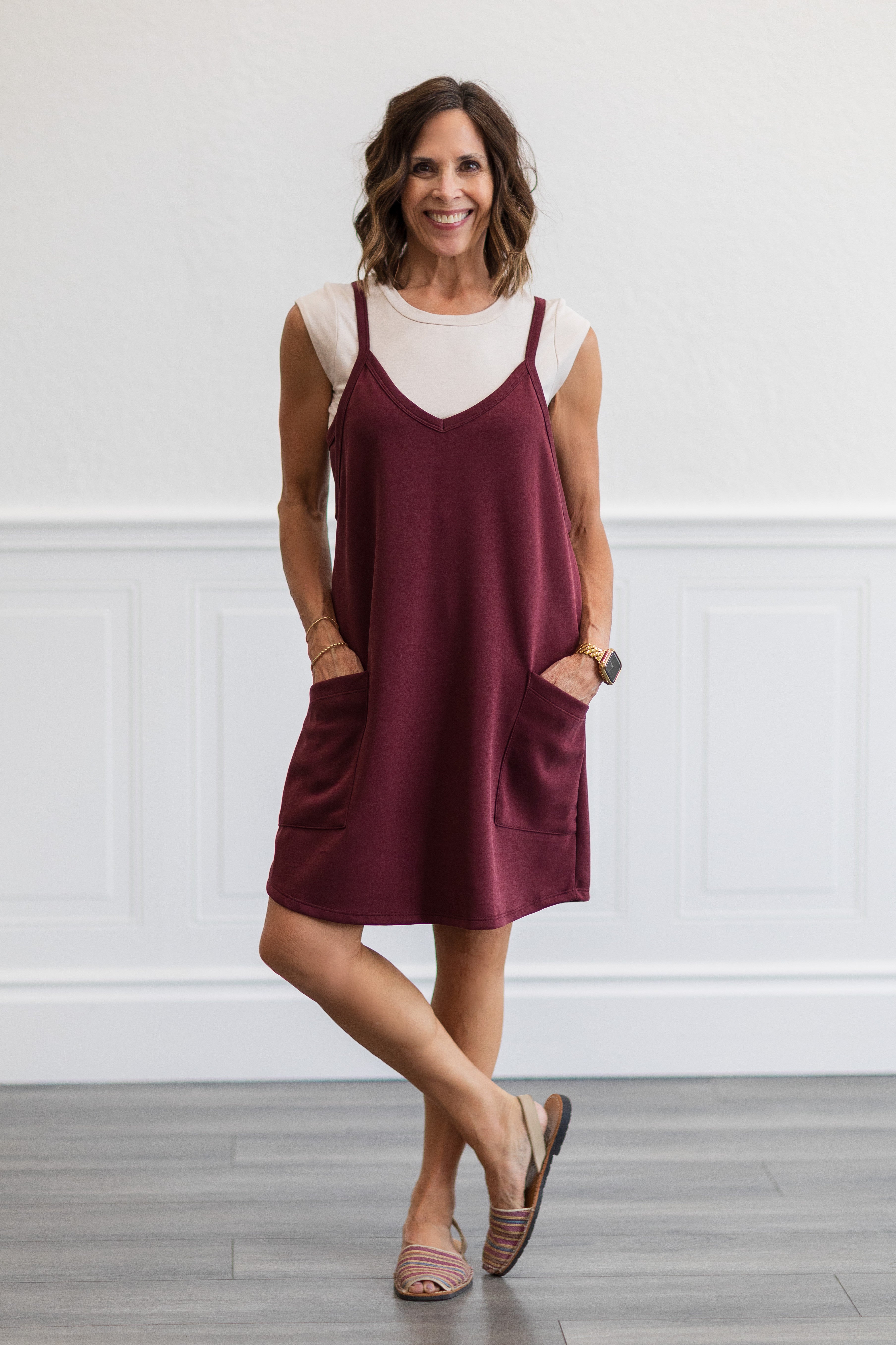 Techno Cupro Romper Dress with pockets in Maroon