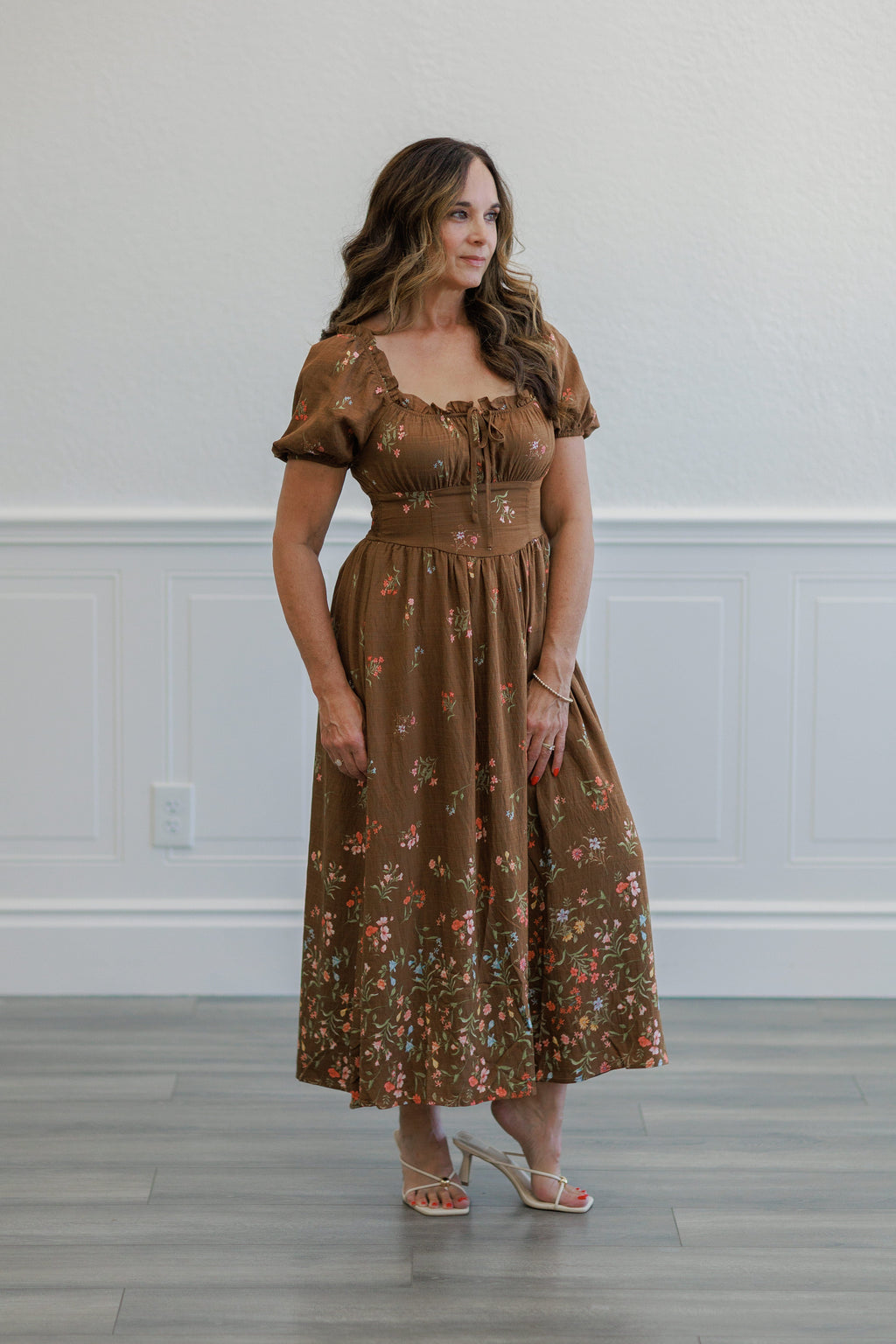 Brown Floral Puff Sleeve Smocked Midi Dress