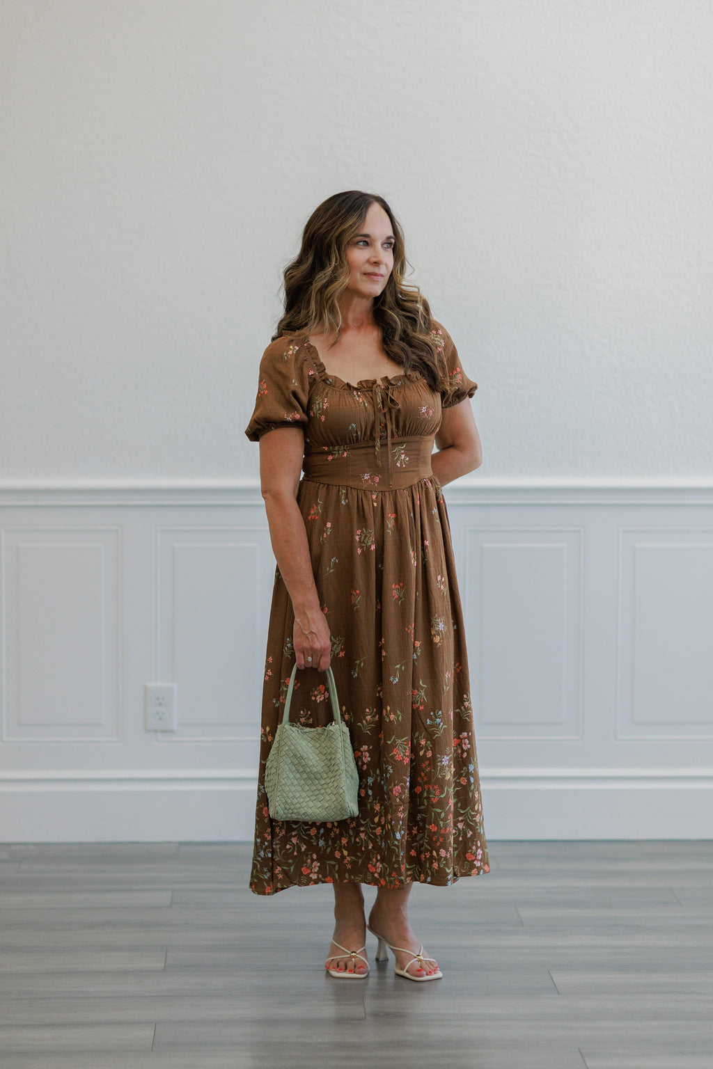 Brown Floral Puff Sleeve Smocked Midi Dress