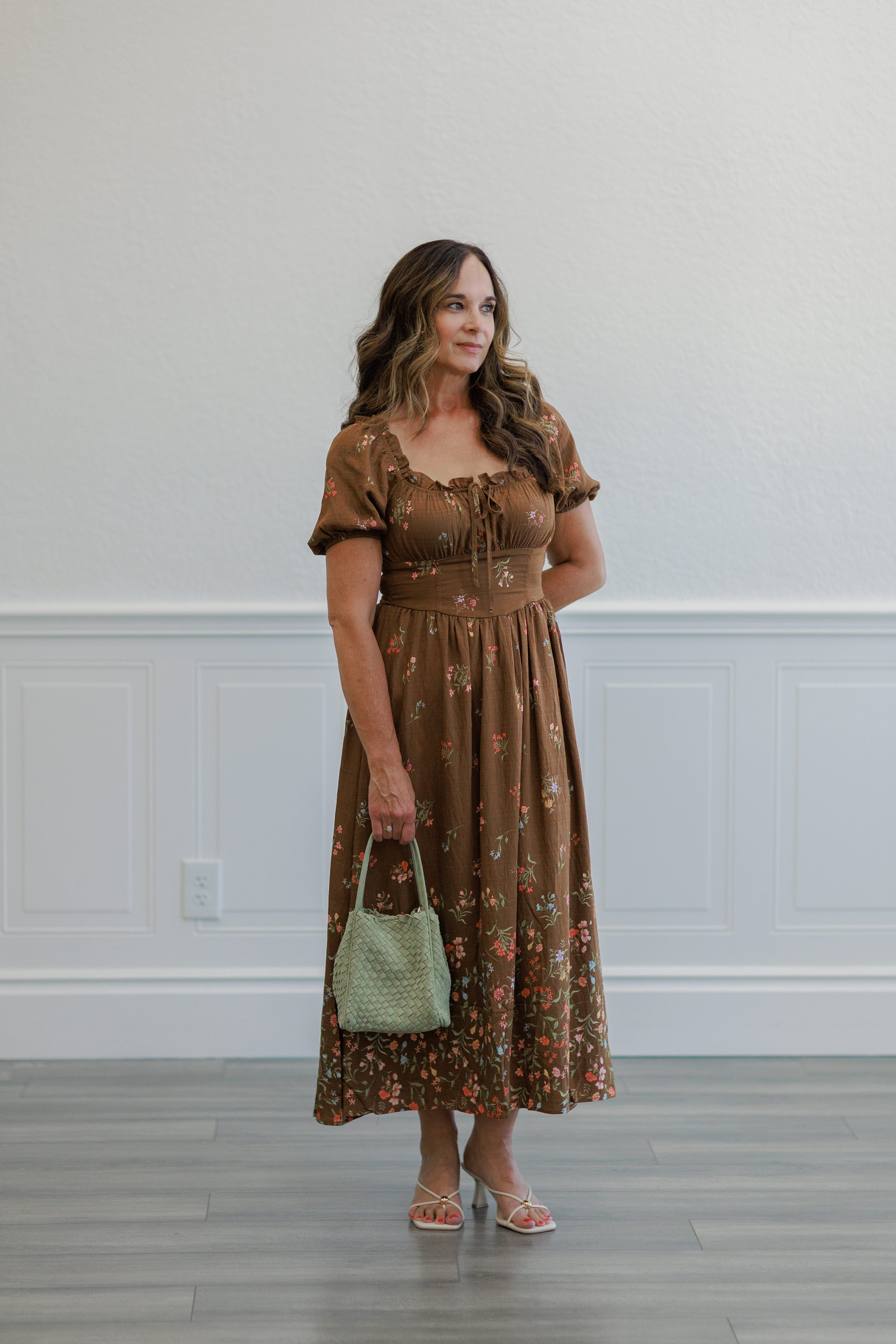 Brown Floral Puff Sleeve Smocked Midi Dress