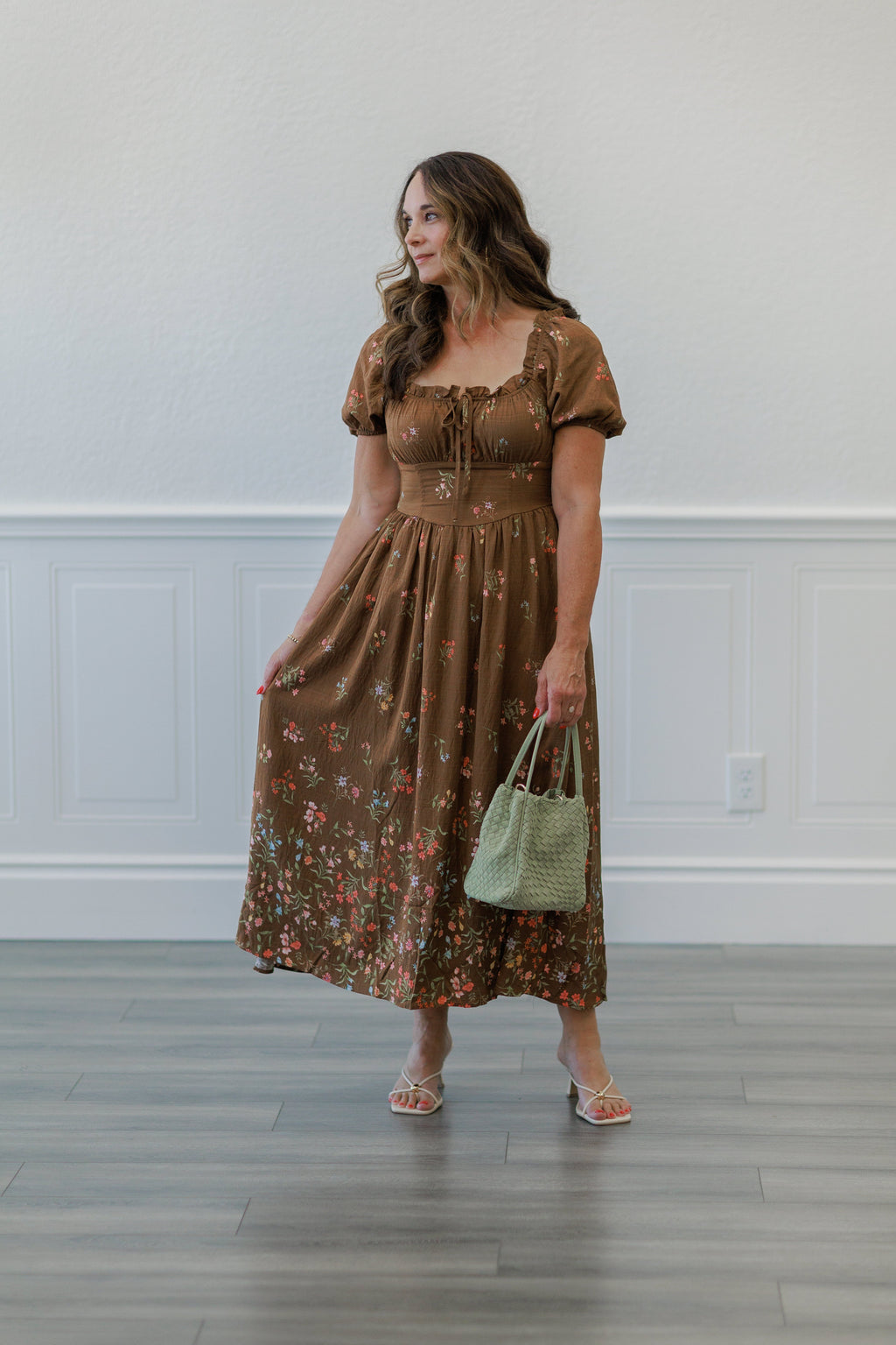 Brown Floral Puff Sleeve Smocked Midi Dress