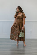 Brown Floral Puff Sleeve Smocked Midi Dress