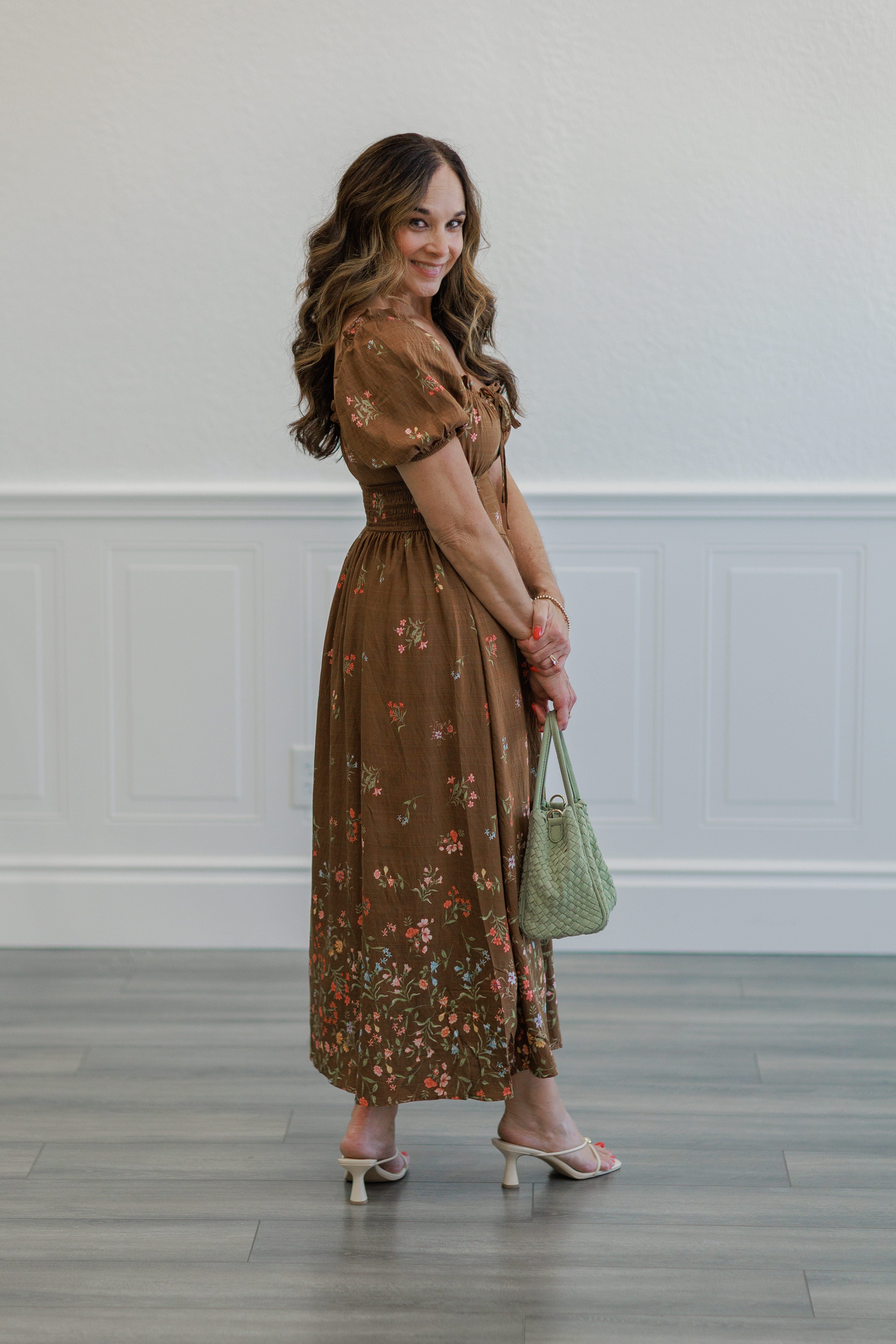 Brown Floral Puff Sleeve Smocked Midi Dress
