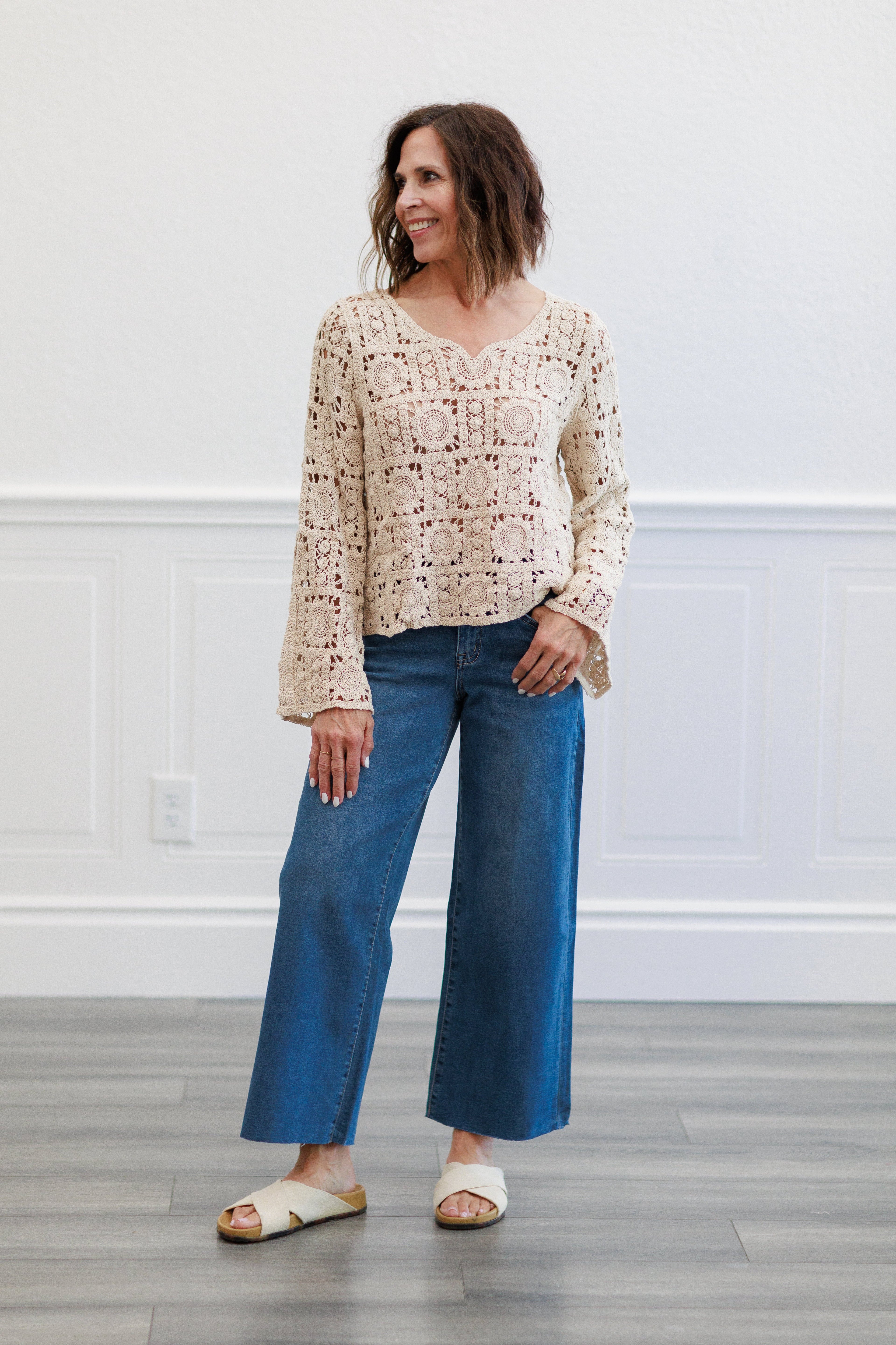 Natural Medallion Crochet Long Sleeve V Neck Top