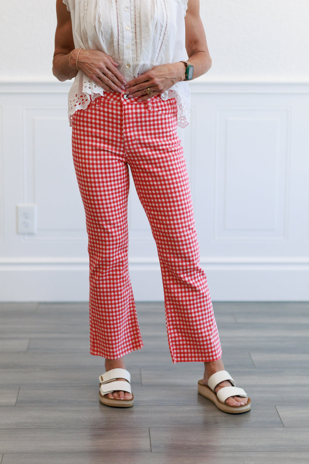 High Rise Tonal Crop Flare Jeans in Red Gingham