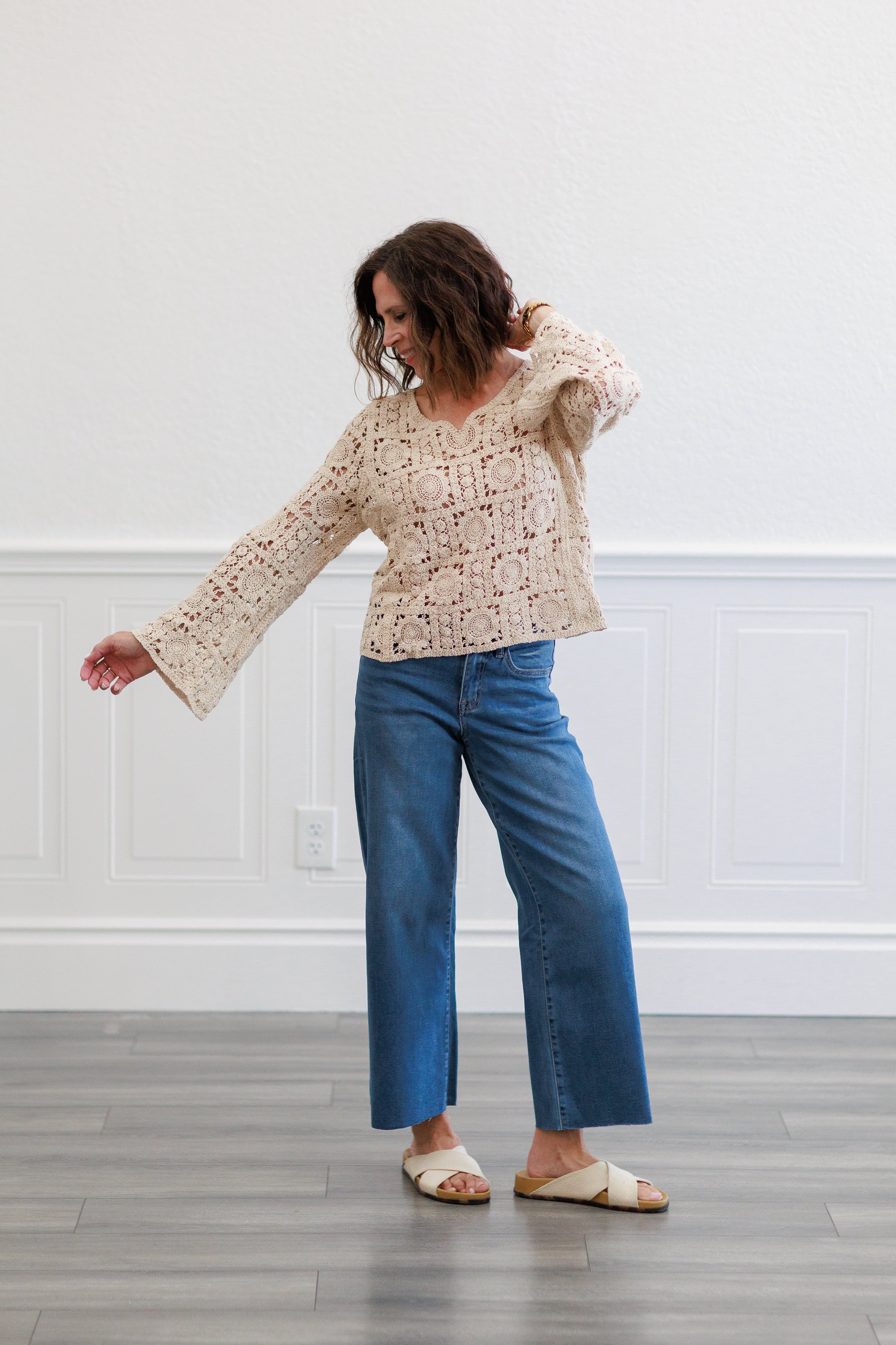 Natural Medallion Crochet Long Sleeve V Neck Top