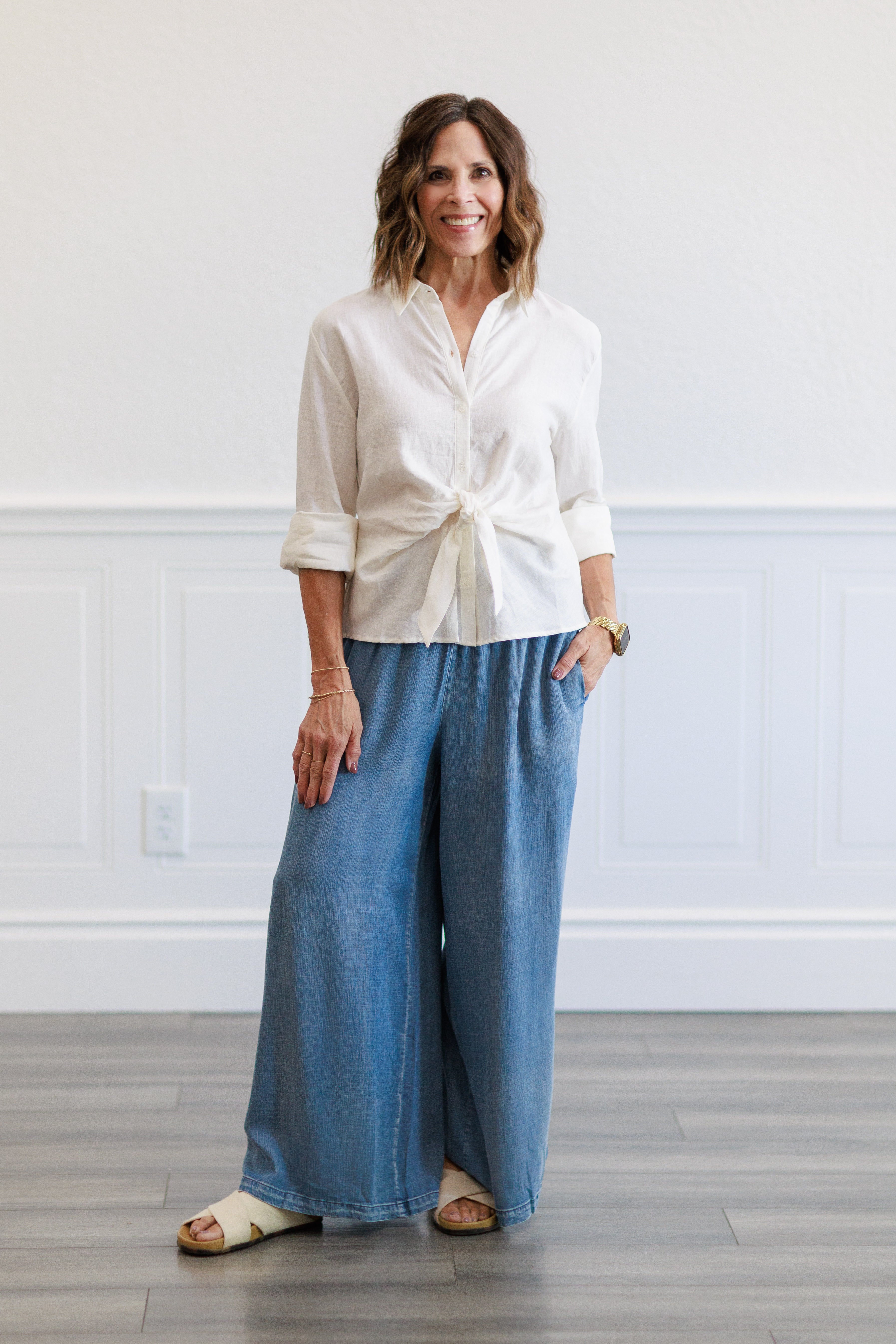 Smocked Waist Wide Leg Chambray Pants in Dark Denim