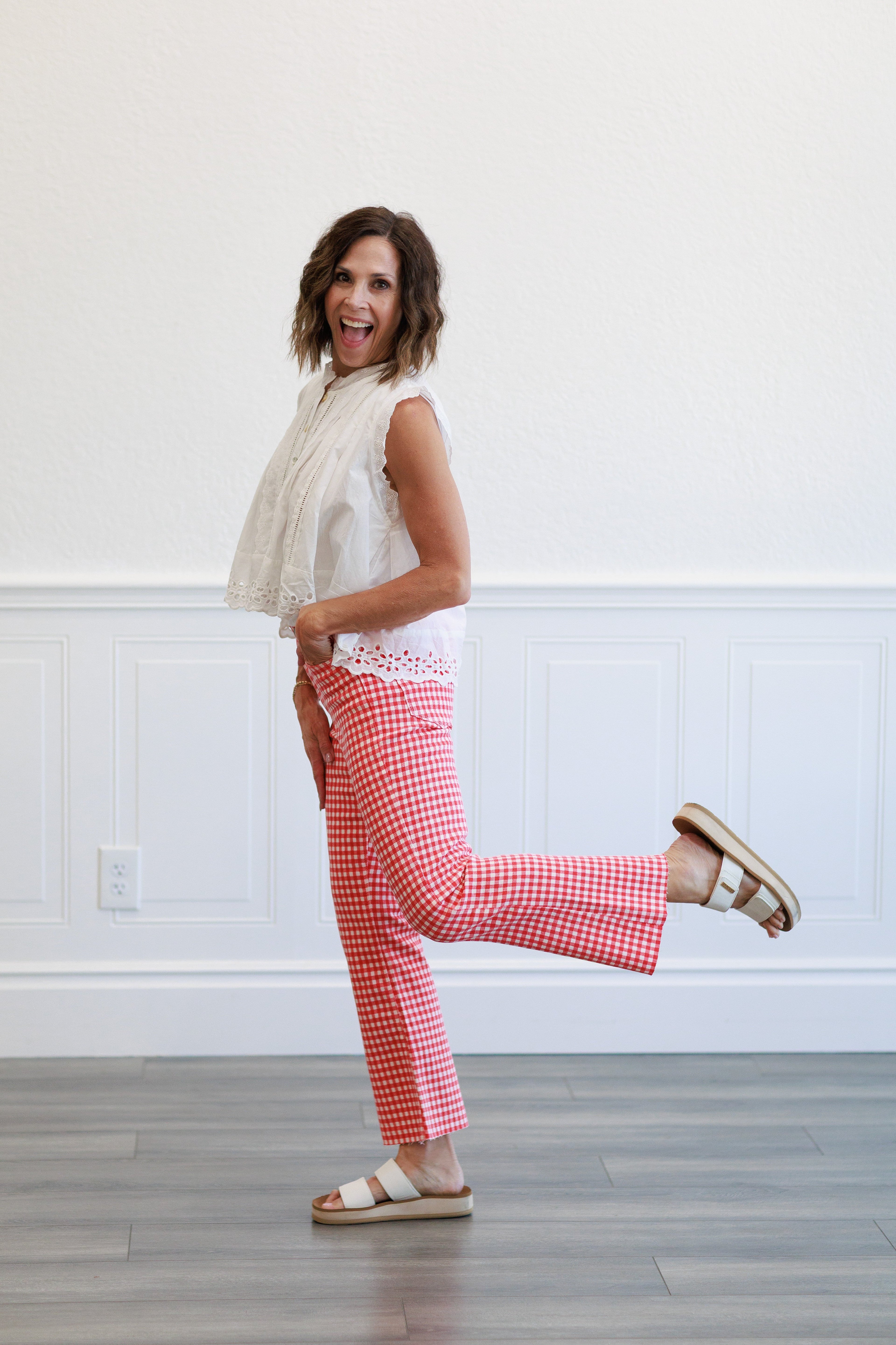 High Rise Tonal Crop Flare Jeans in Red Gingham