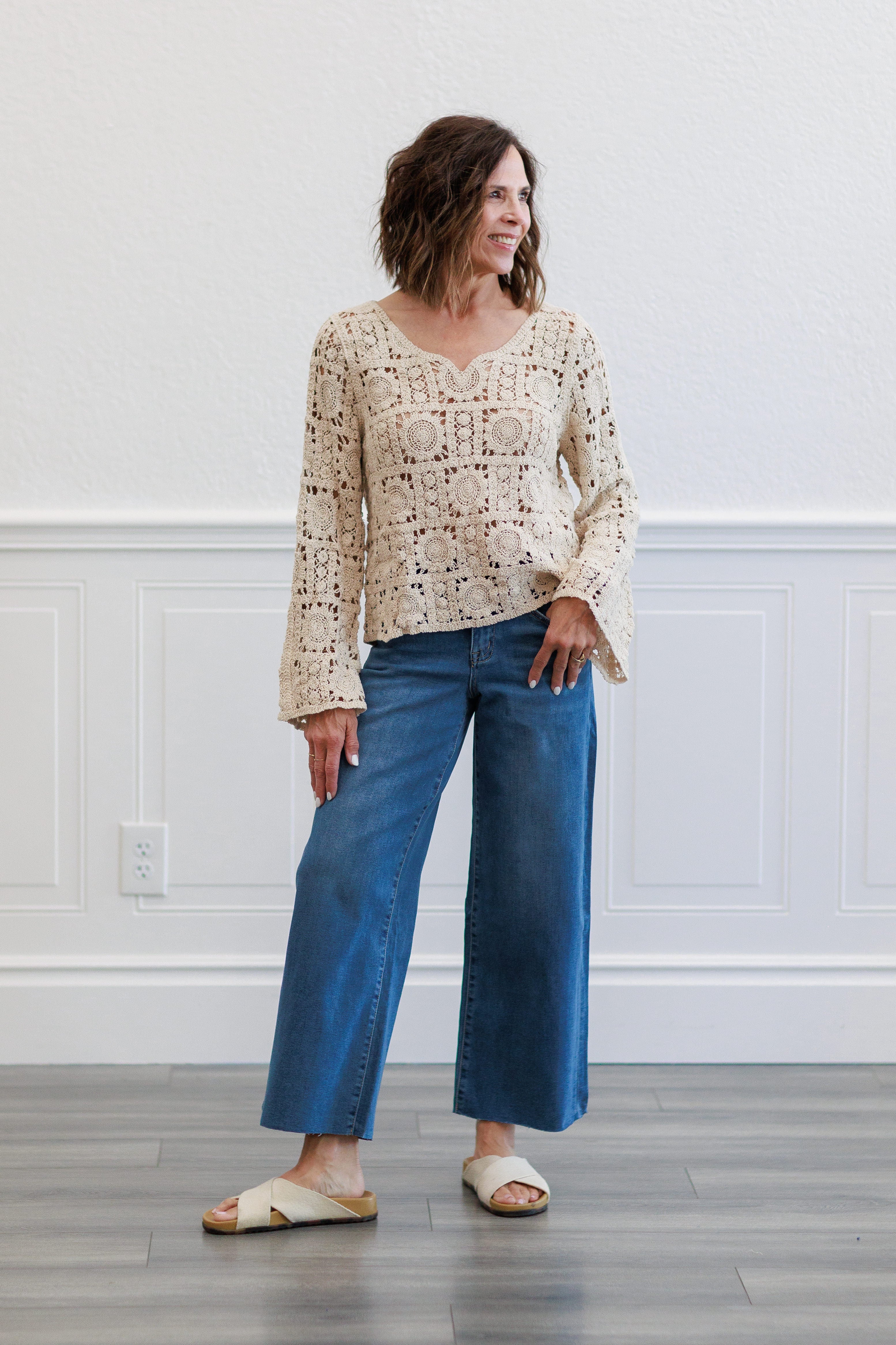 Natural Medallion Crochet Long Sleeve V Neck Top