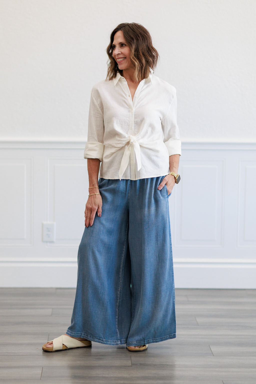 Smocked Waist Wide Leg Chambray Pants in Dark Denim