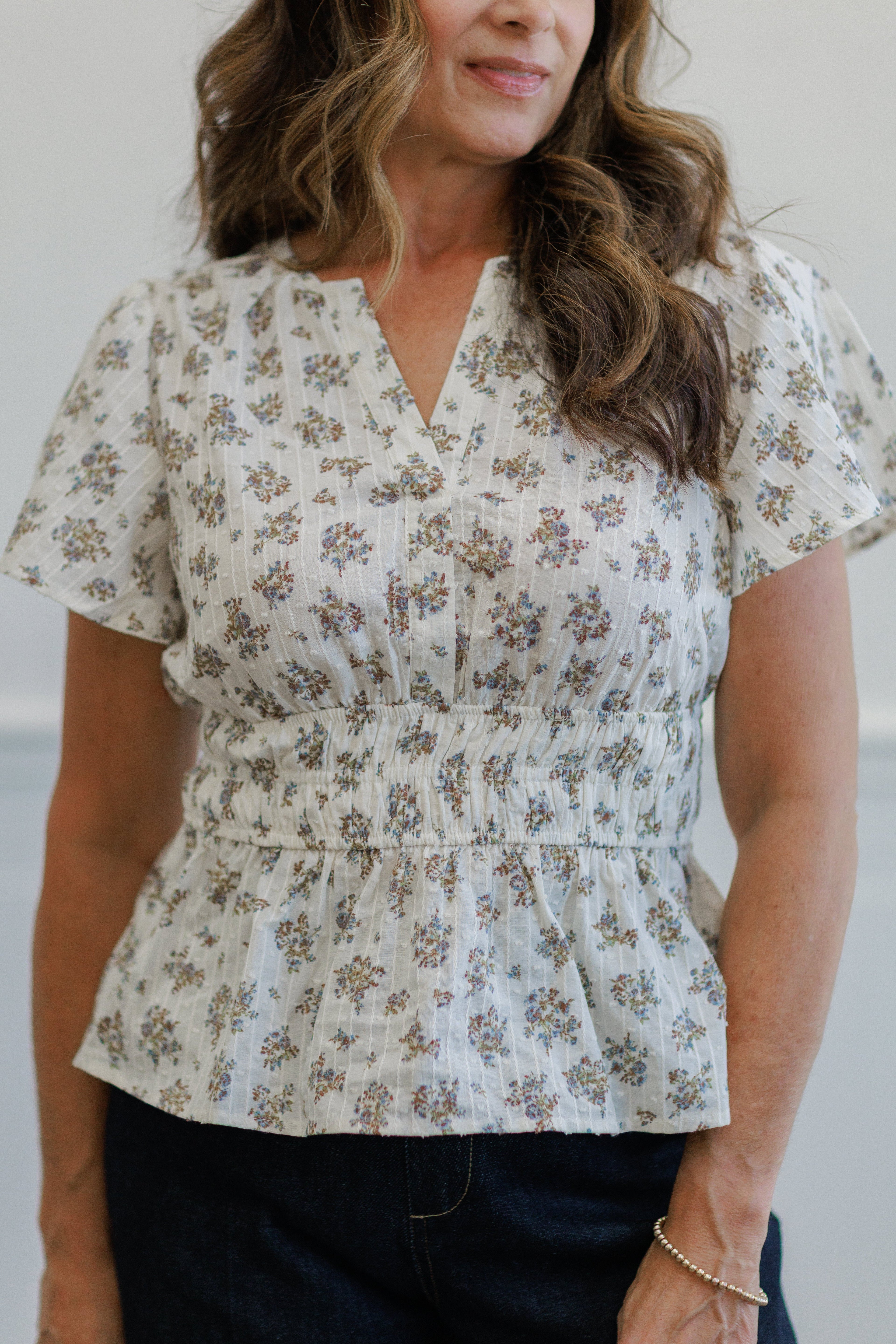 Dusty Blue Floral Flutter Sleeve Smocked Peplum Top