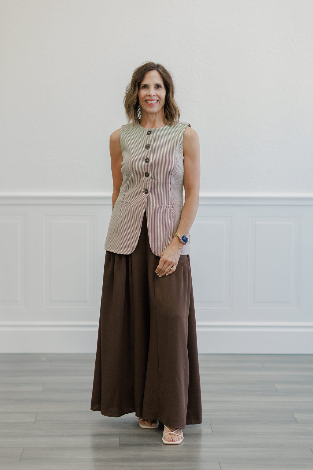 Brown Pinstripe Button Front Longline Vest