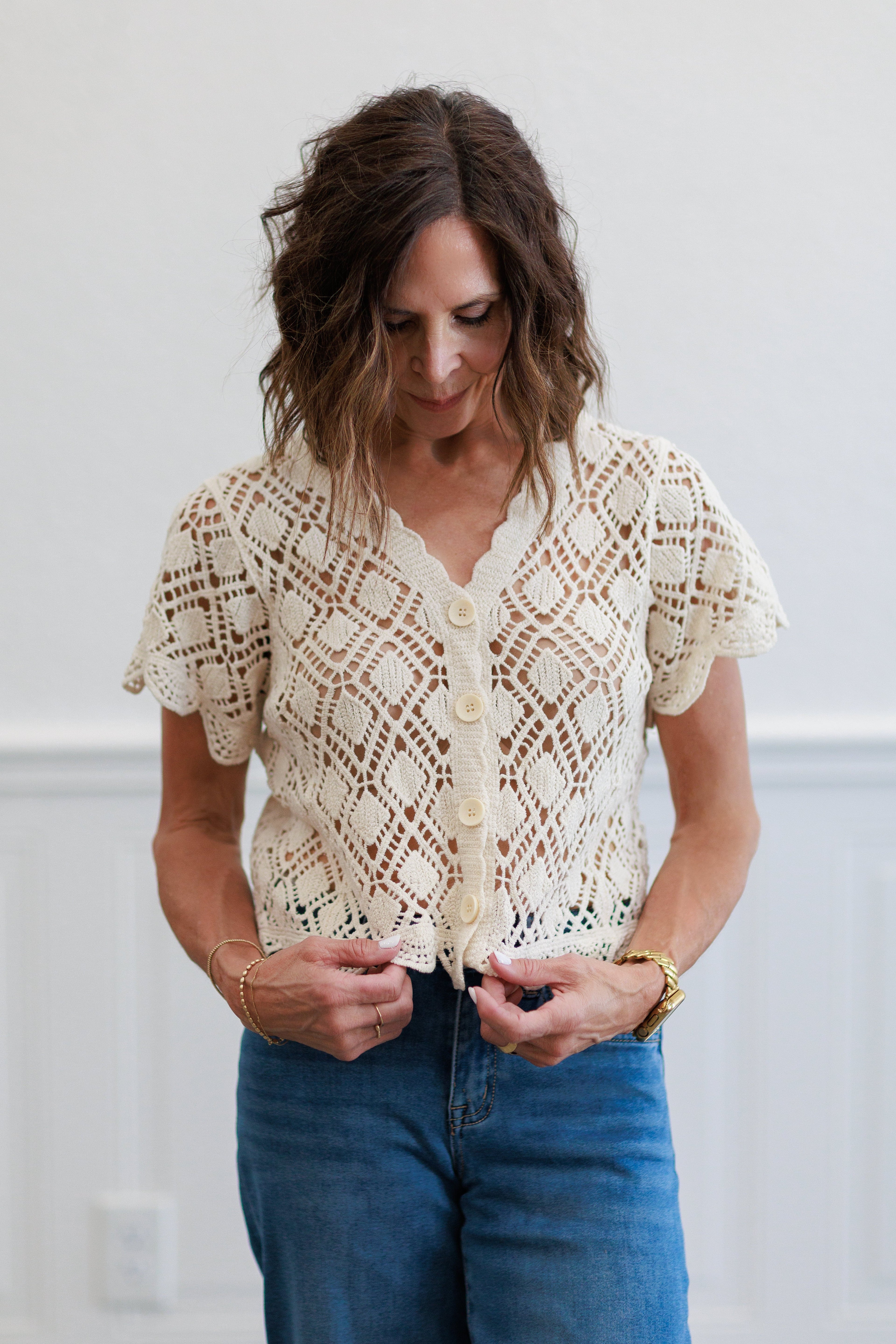 Diamond Crochet Button Front Crop Top