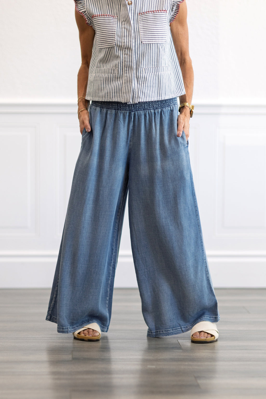 Smocked Waist Wide Leg Chambray Pants in Dark Denim